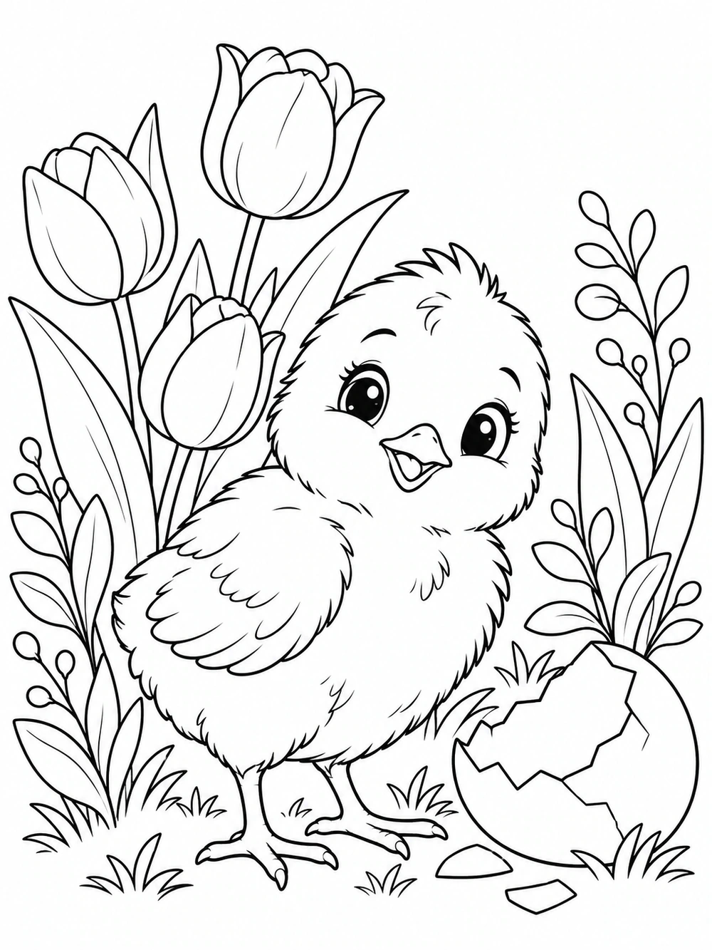 Black-and-white spring coloring page with a smiling fluffy chick, tulips, leafy sprigs, and a cracked eggshell on a white background.