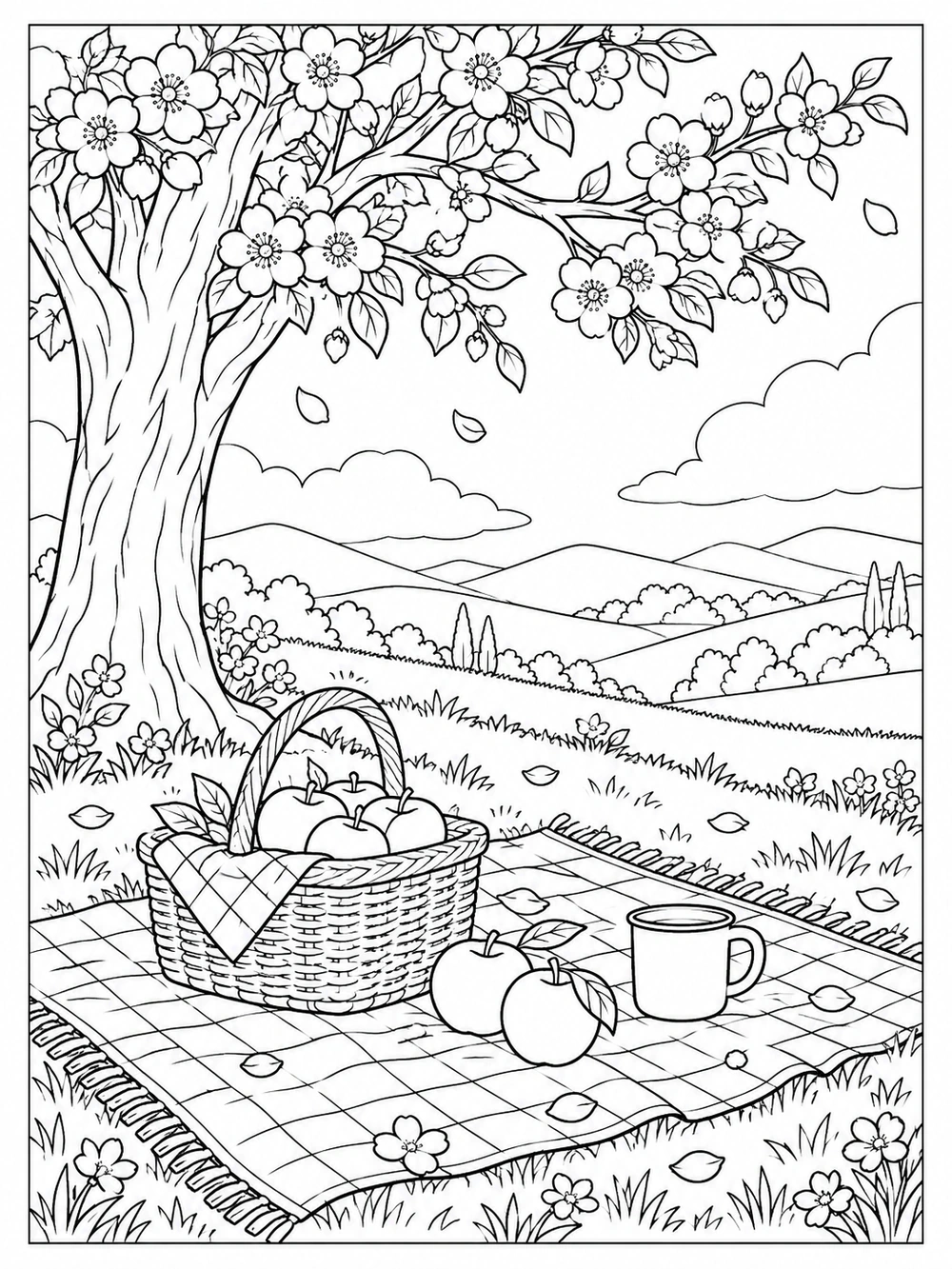 Black-and-white spring picnic coloring page with a flowering tree, checked blanket, basket of apples, cup, fallen petals, and rolling hills.