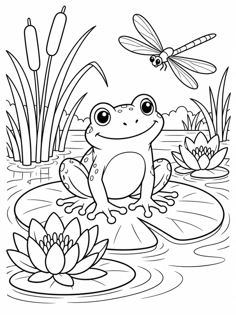 Black-and-white spring pond coloring page with a smiling frog on a broad lily pad, two water lilies, reeds, and a dragonfly.