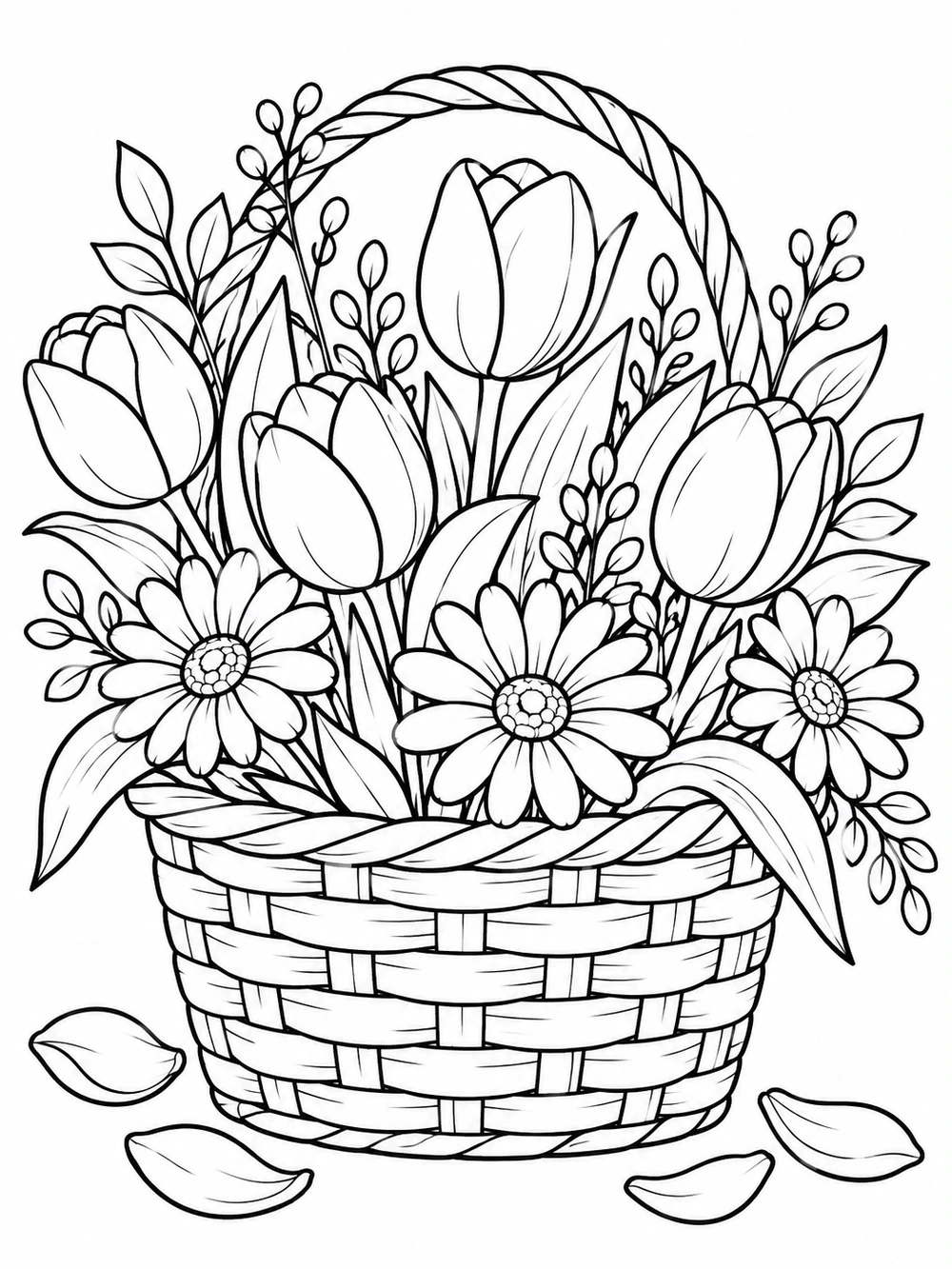 Black and white coloring page showing tulips and daisies in a woven handled basket with loose petals at the base.