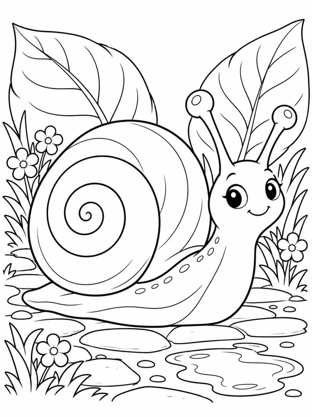 Black-and-white spring coloring page with a smiling snail, large spiral shell, oversized leaves, tiny flowers, stepping stones, and a puddle.