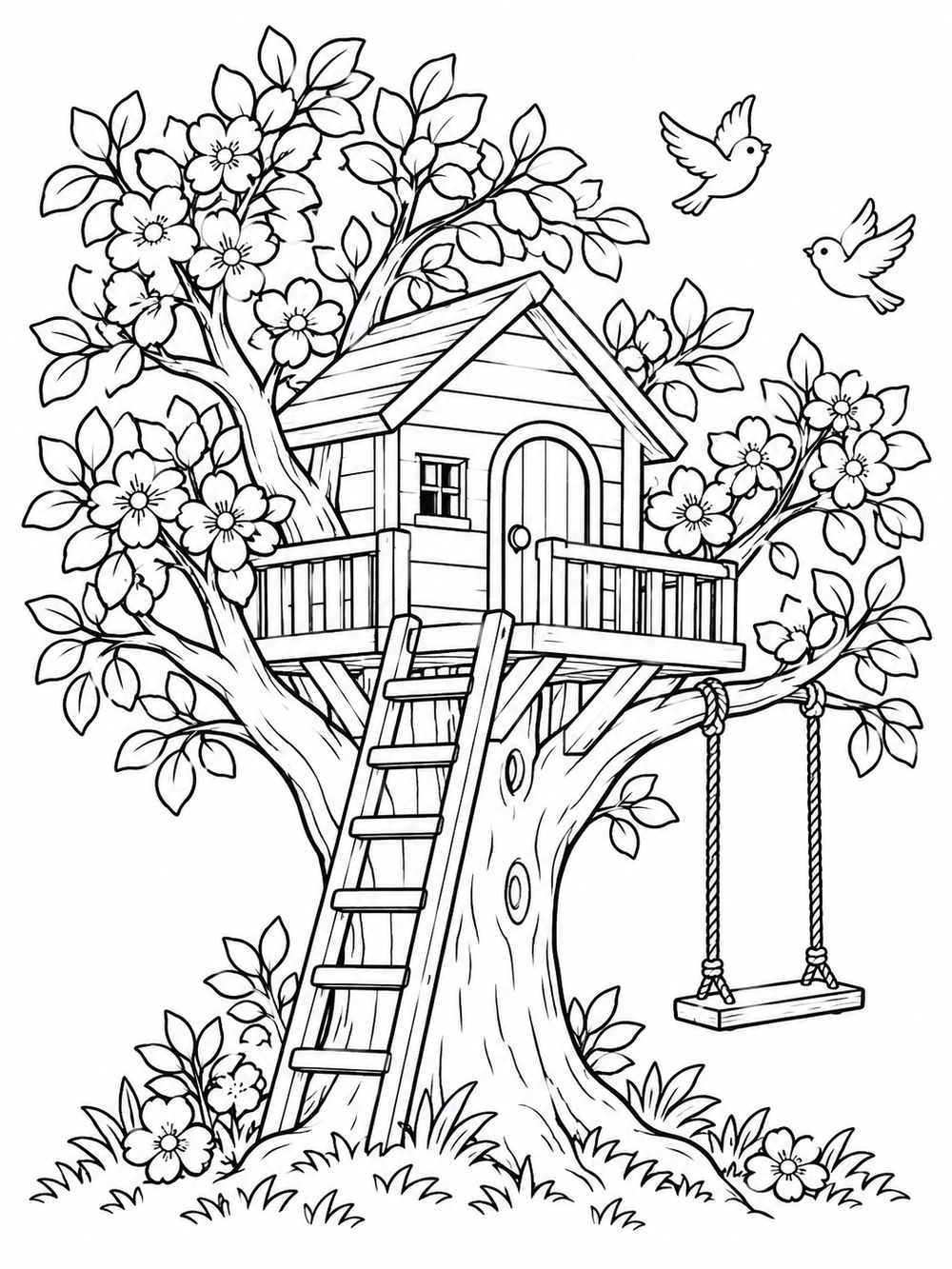 Black-and-white spring treehouse coloring page with blossoming branches, a ladder, rope swing, two birds, and a wide tree trunk.