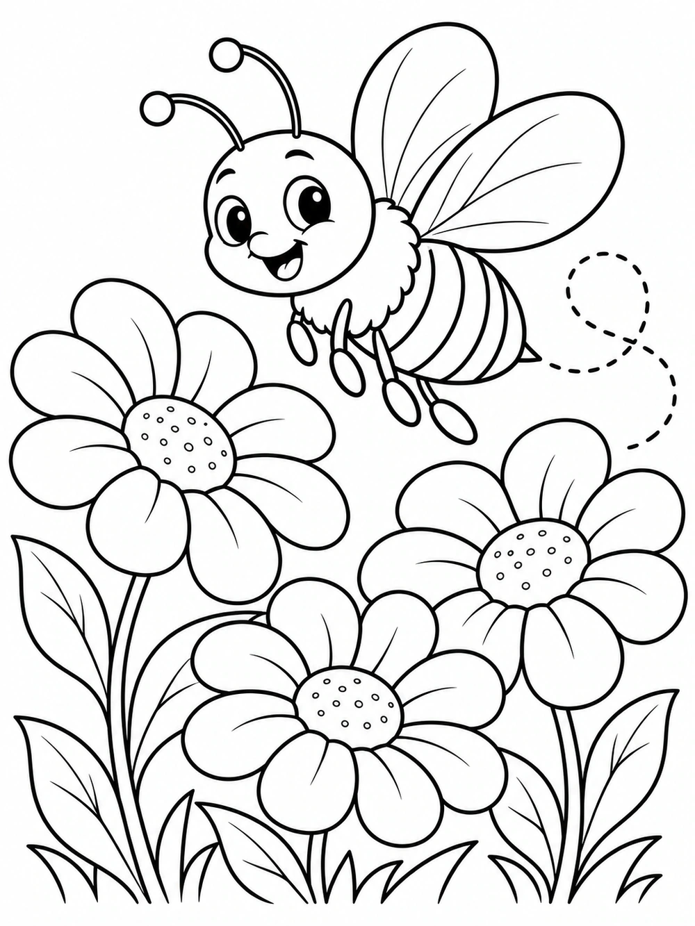 Black-outline coloring page with a smiling striped bee, three large flowers, leaves, and a dotted flight path.