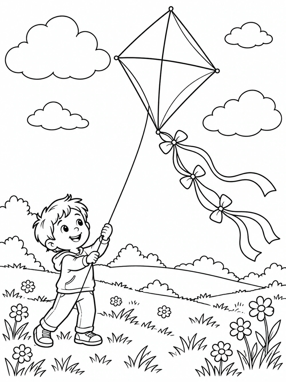 A child flies a large diamond kite with a ribbon tail over a flower-filled spring meadow beneath several clouds.