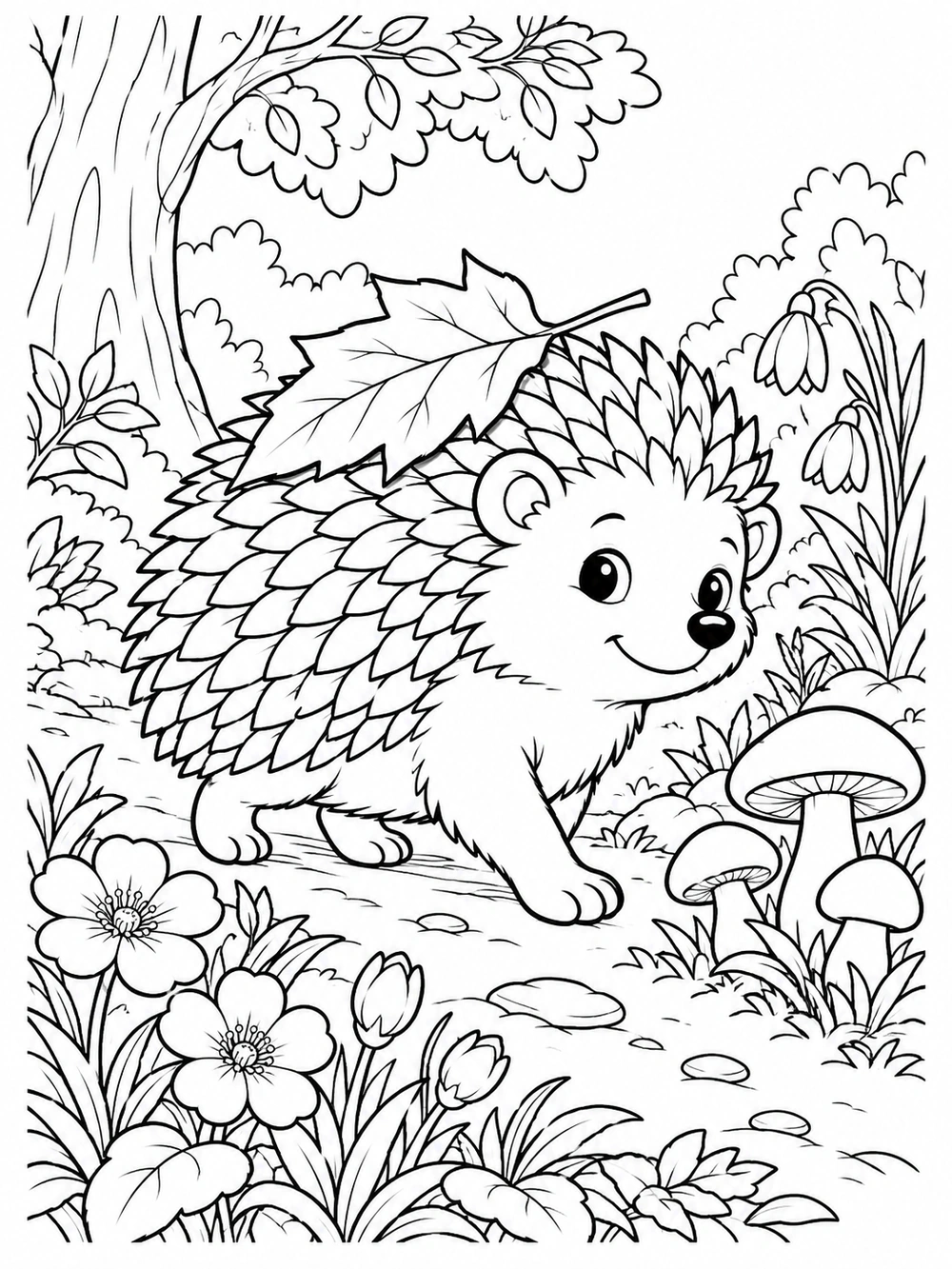 Black-and-white spring coloring page of a friendly hedgehog walking along a woodland path beneath a fallen leaf, surrounded by flowers, mushrooms, and plants.