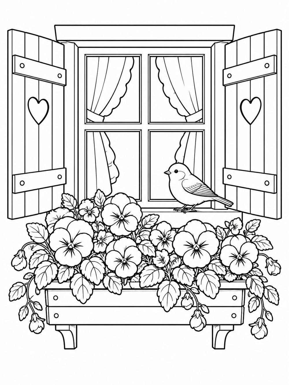 Black-and-white coloring page of a shuttered cottage window, a flower box overflowing with pansies and leafy stems, and a small bird perched on the sill.