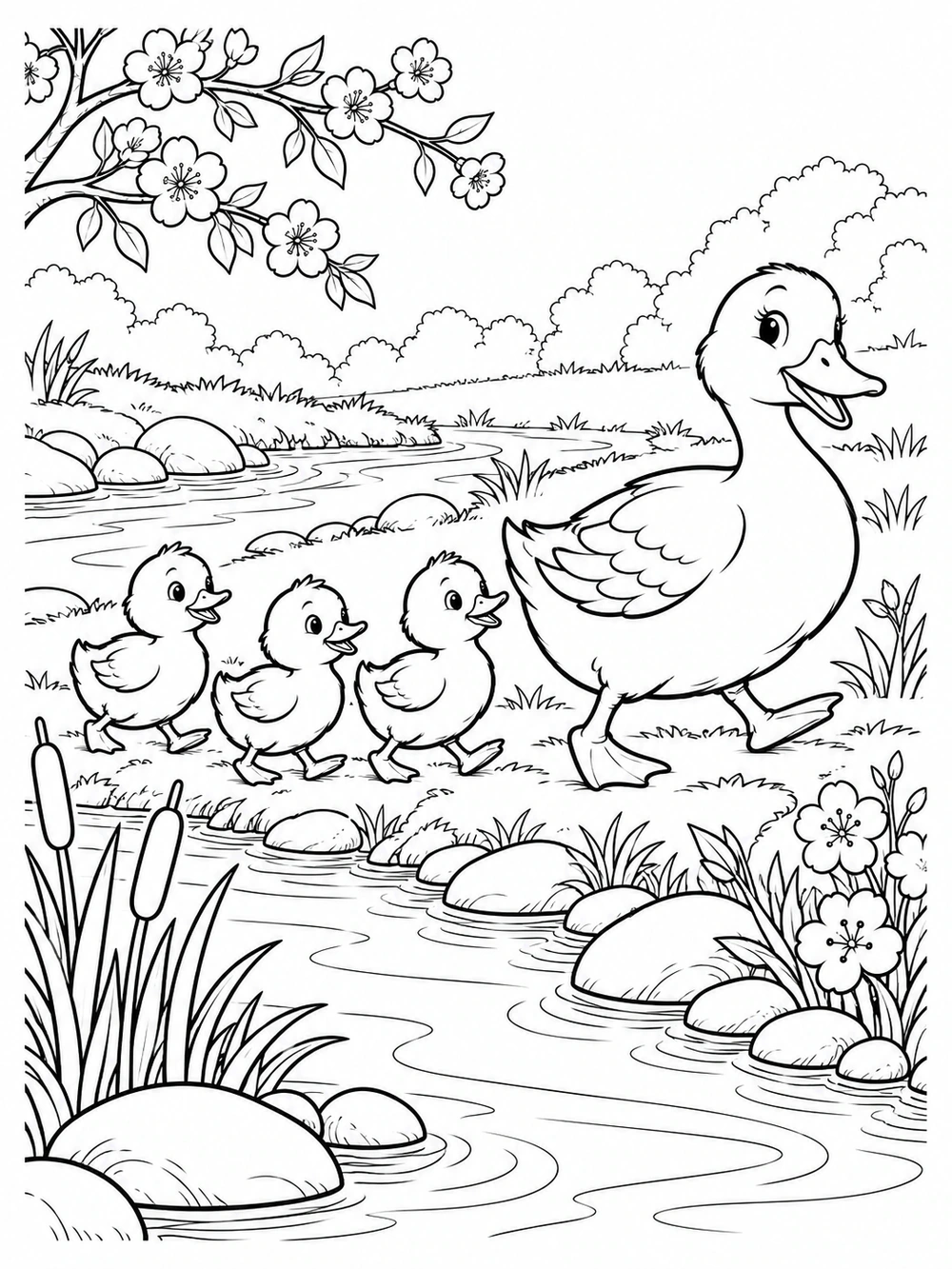 Spring duck coloring page with one adult duck leading three ducklings beside a curving stream, with reeds, stones, and blossoms.