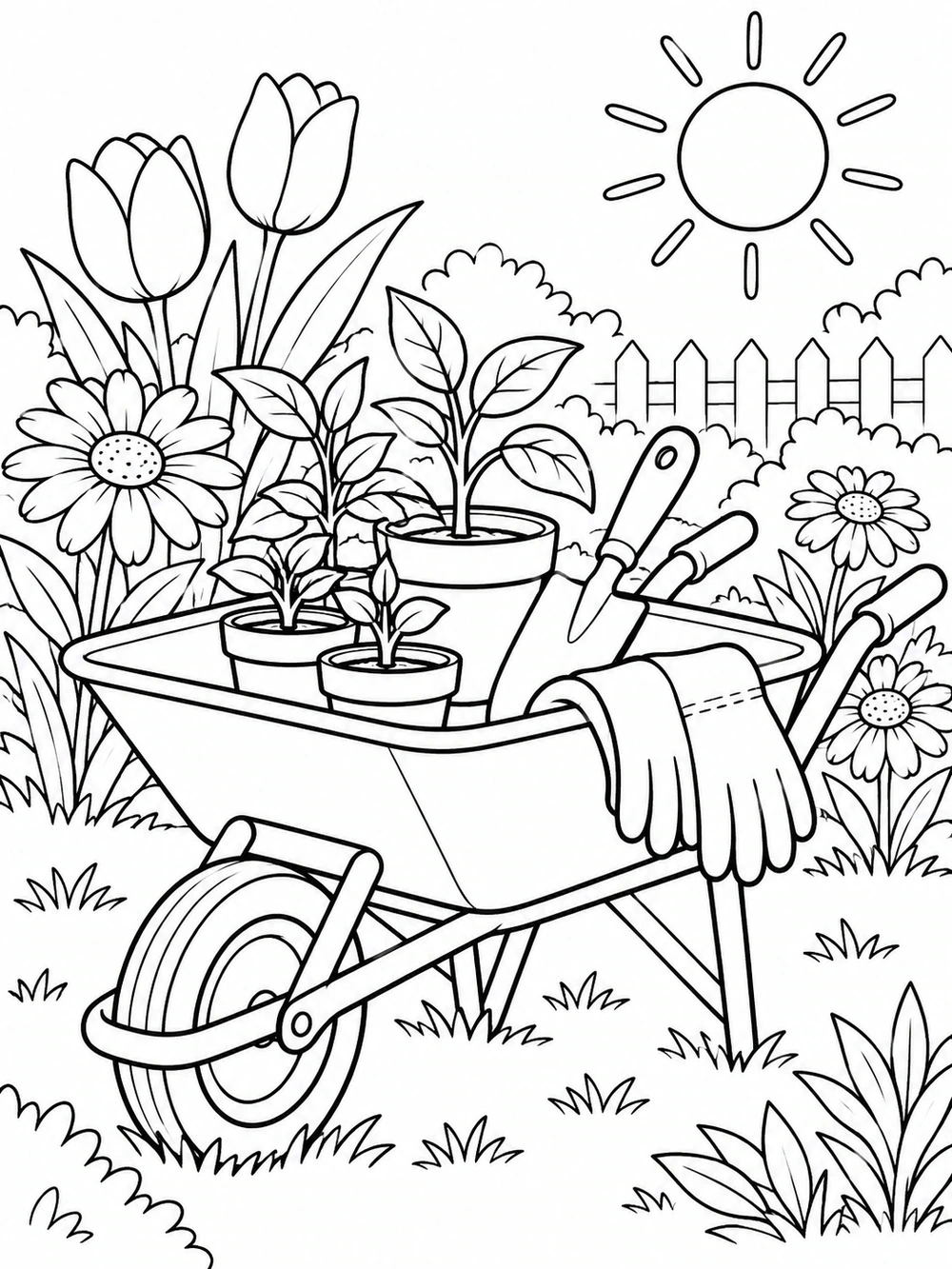 Black-and-white spring coloring page showing a garden wheelbarrow filled with potted seedlings, a trowel, and gloves, surrounded by flowers and a sun.