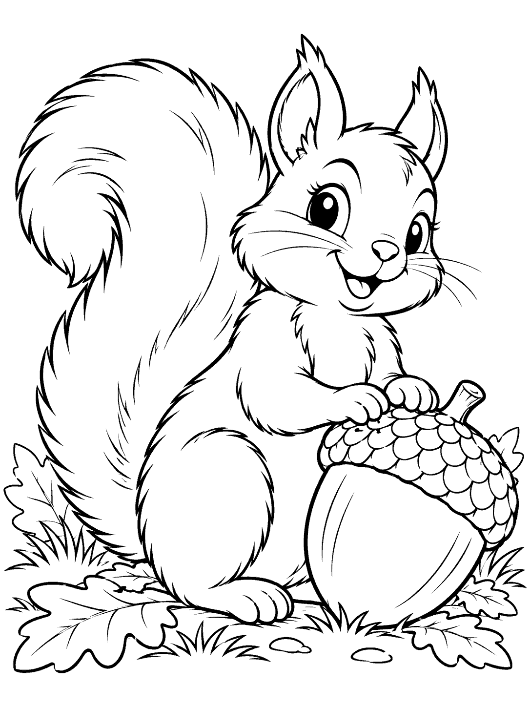 Black-and-white coloring page of a friendly upright squirrel with a fluffy tail beside an oversized acorn.