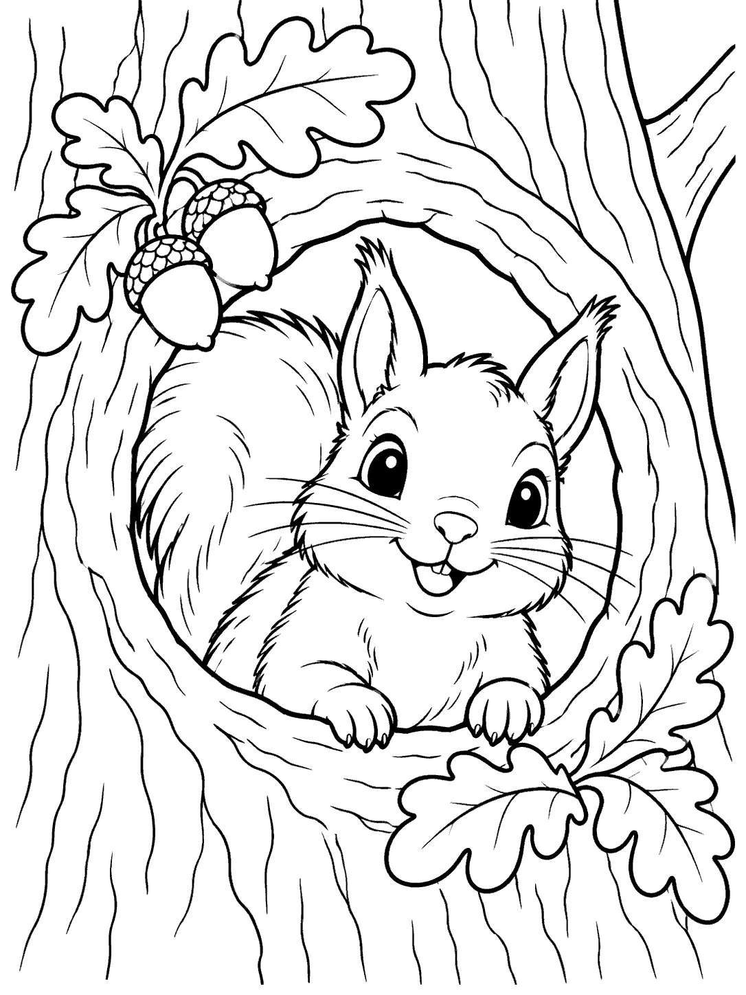 Black-and-white coloring page of a squirrel peeking from an oak tree hollow, with oak leaves and two acorns