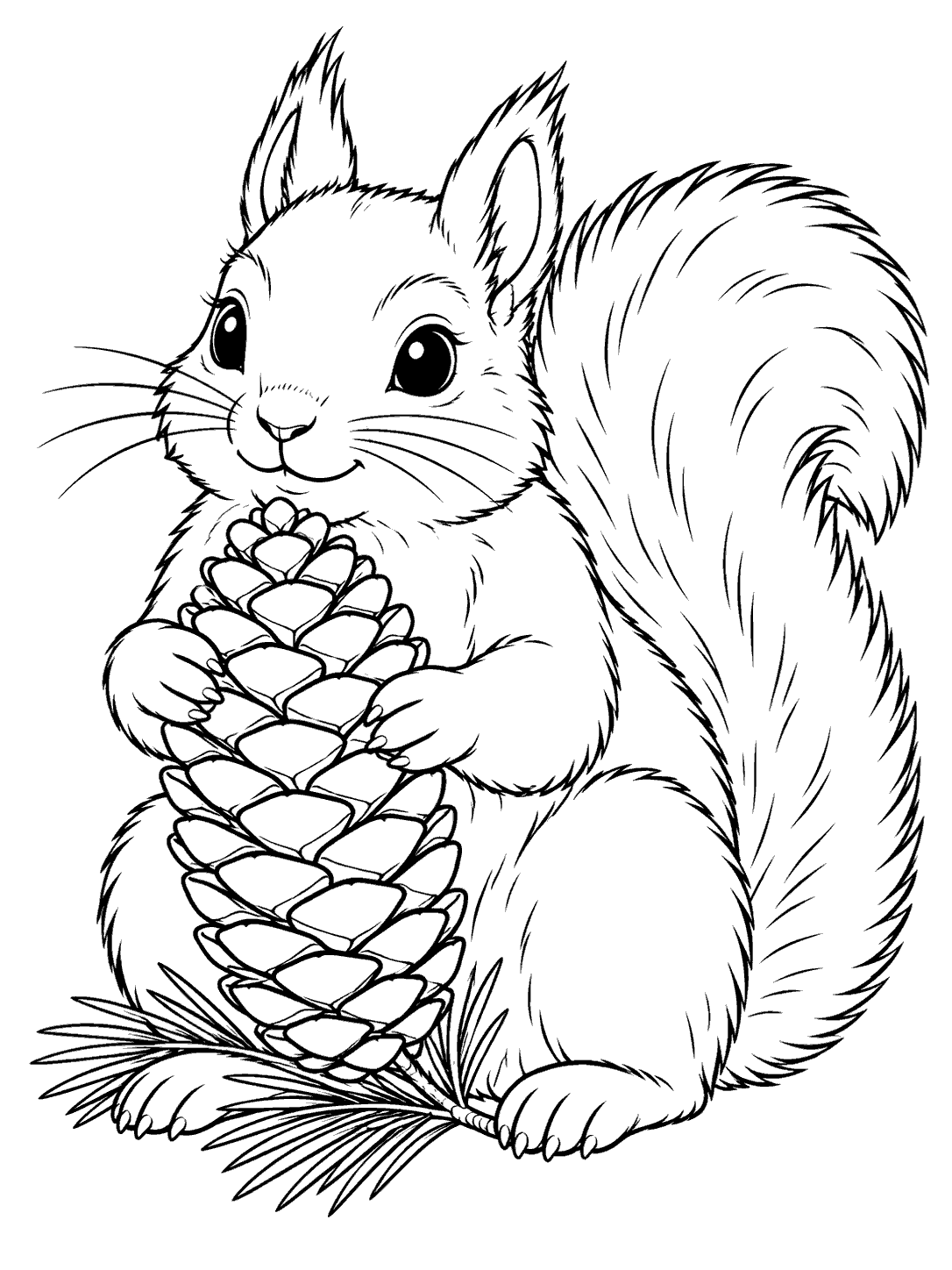 Black-and-white coloring page of a seated squirrel holding a large pinecone, with pine needles at its feet.