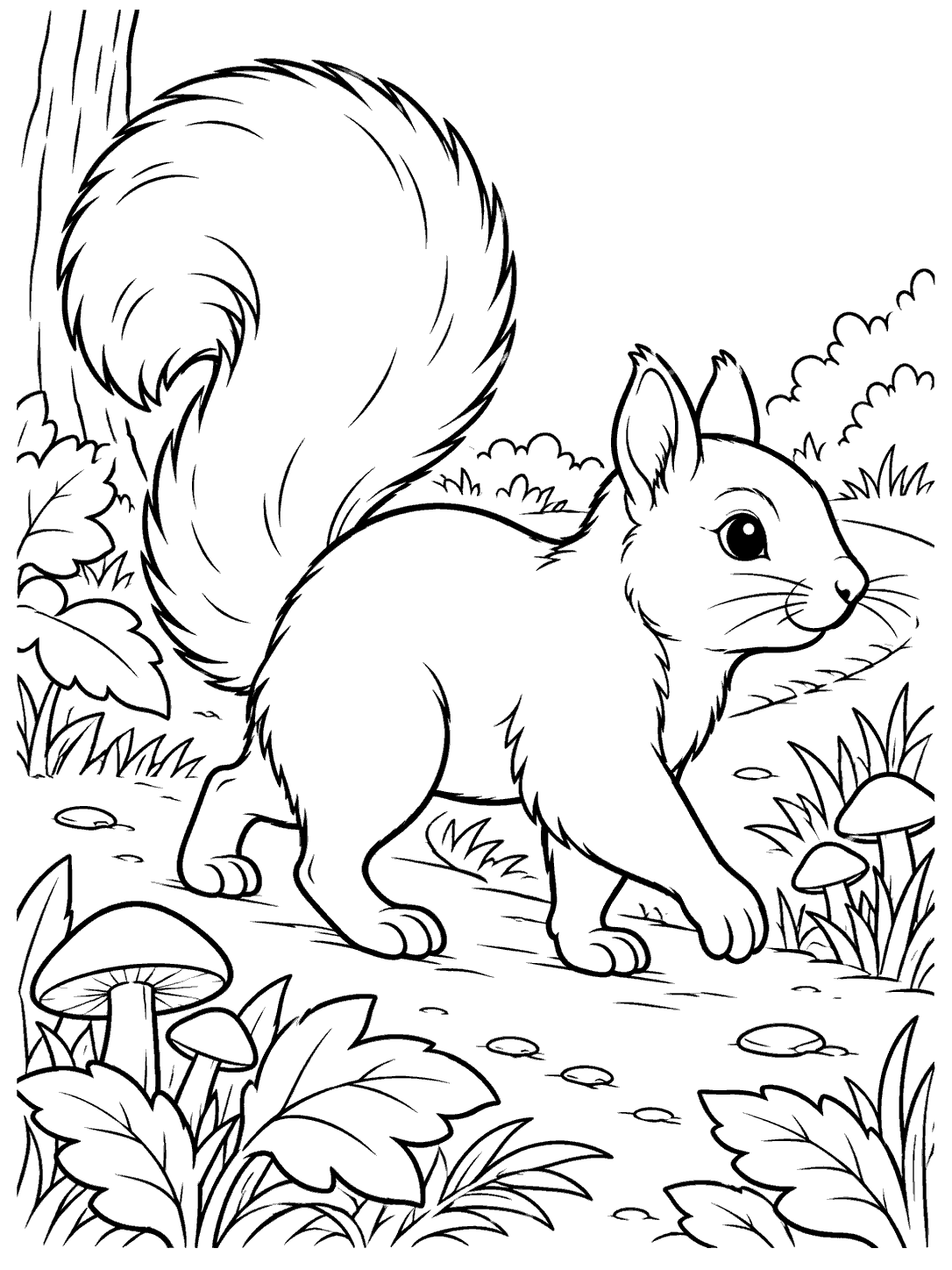 Raised-tail squirrel walking along a woodland path with leaves and mushrooms in a black-and-white coloring page.