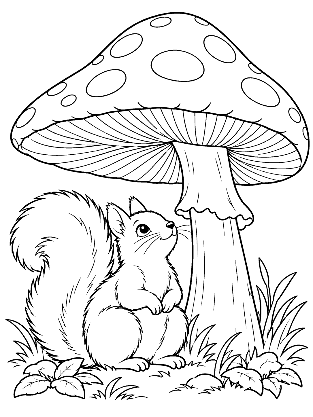 A small squirrel sitting beside the stem of a large spotted mushroom, looking upward, in a black-and-white coloring page.