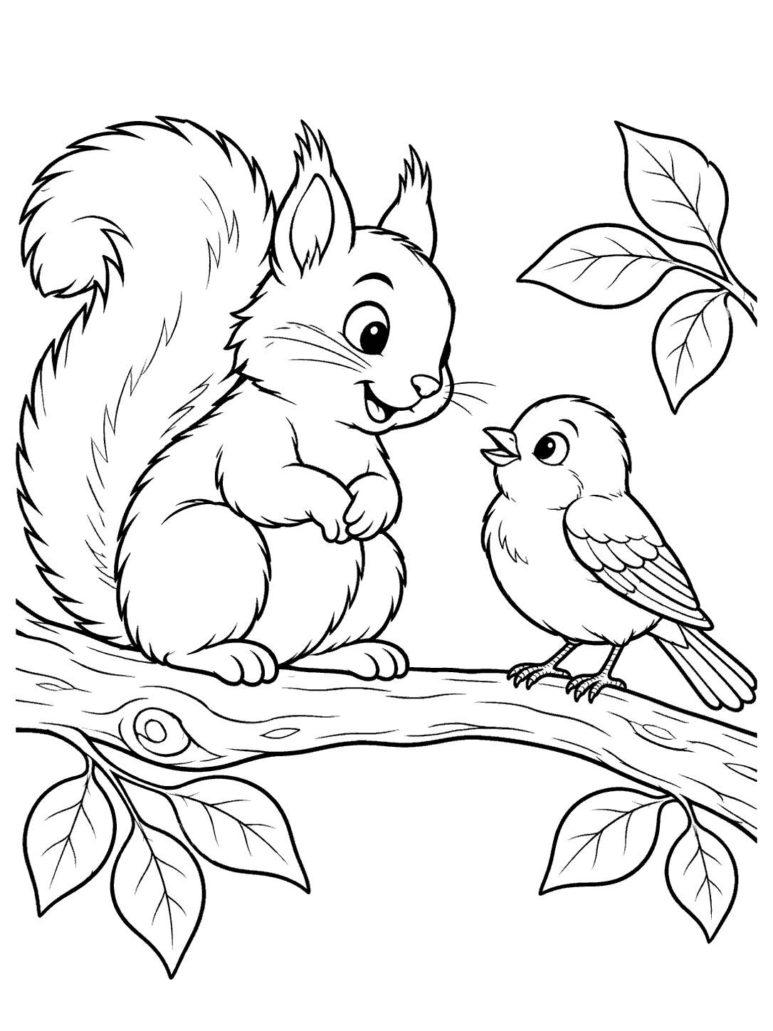 Squirrel and songbird meeting on a branch coloring page
