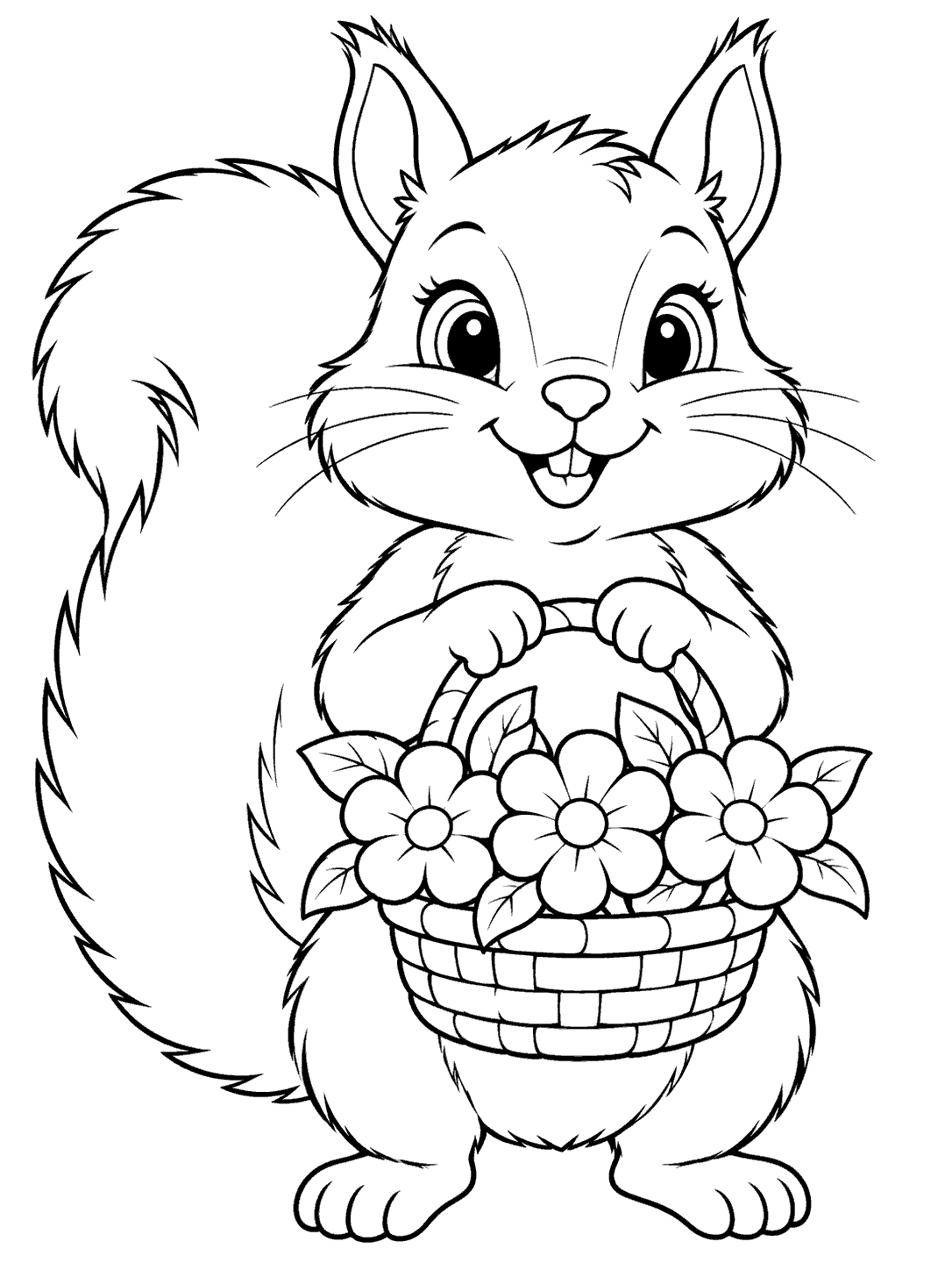 Front-facing squirrel holding a flower basket on a black-and-white coloring page