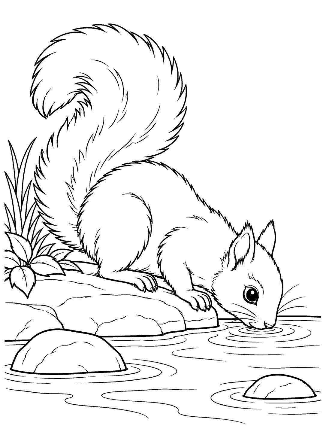 Squirrel drinking beside a stream coloring page