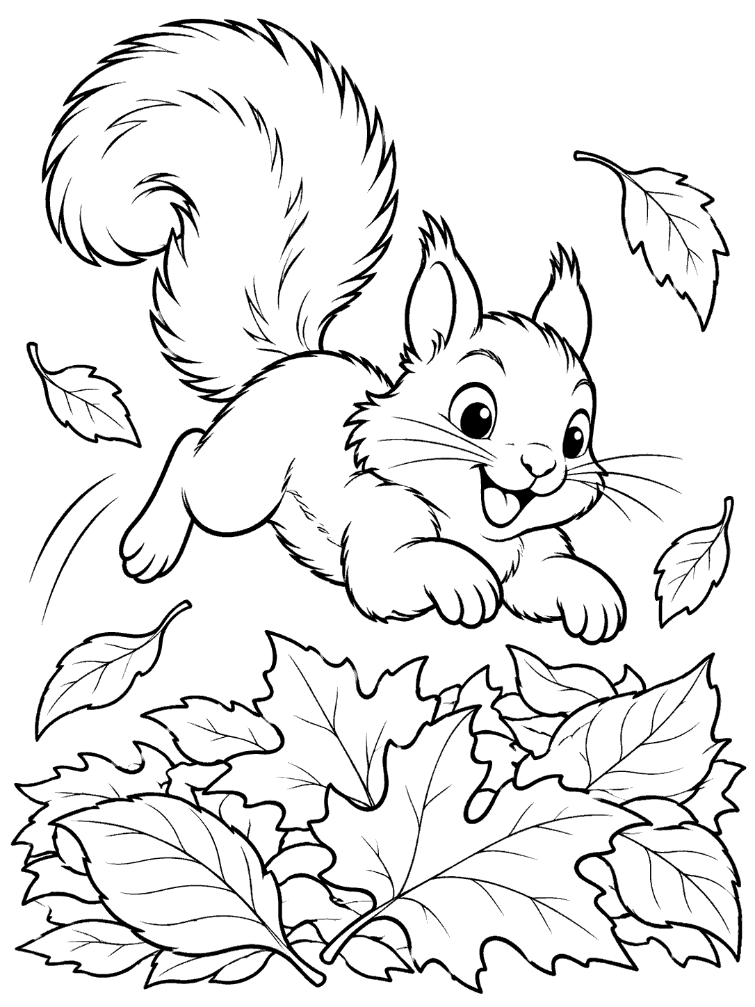 Squirrel leaping above a pile of leaves in a coloring page