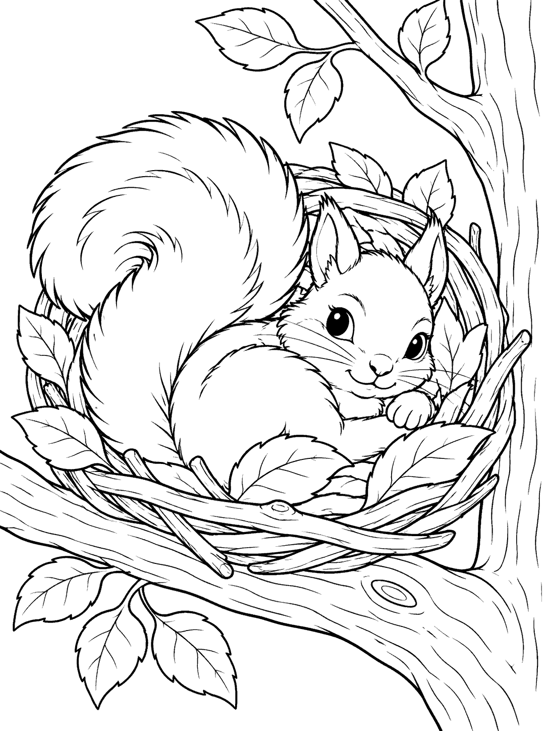 A squirrel with a large curled tail nestled in a leafy twig nest on a branch, shown as a black-and-white coloring page.