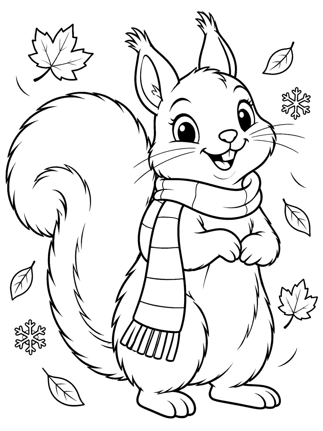 Standing squirrel in a long striped scarf surrounded by leaves and snowflakes, in a coloring page.