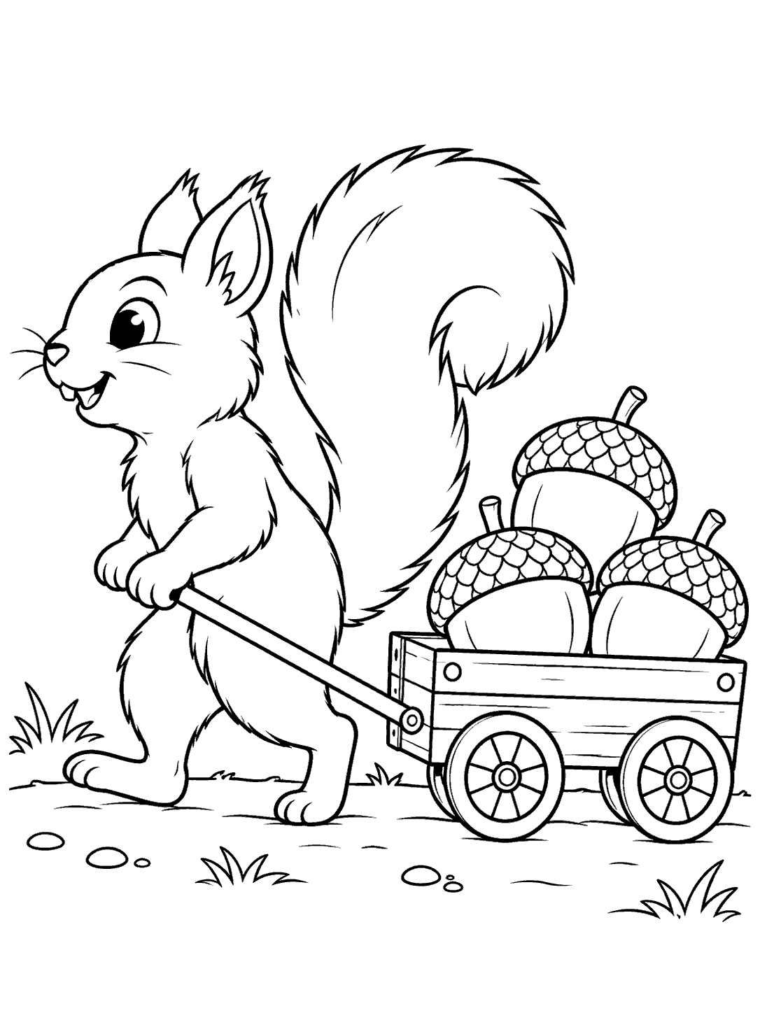Side-view squirrel pulling a two-wheeled acorn wagon coloring page
