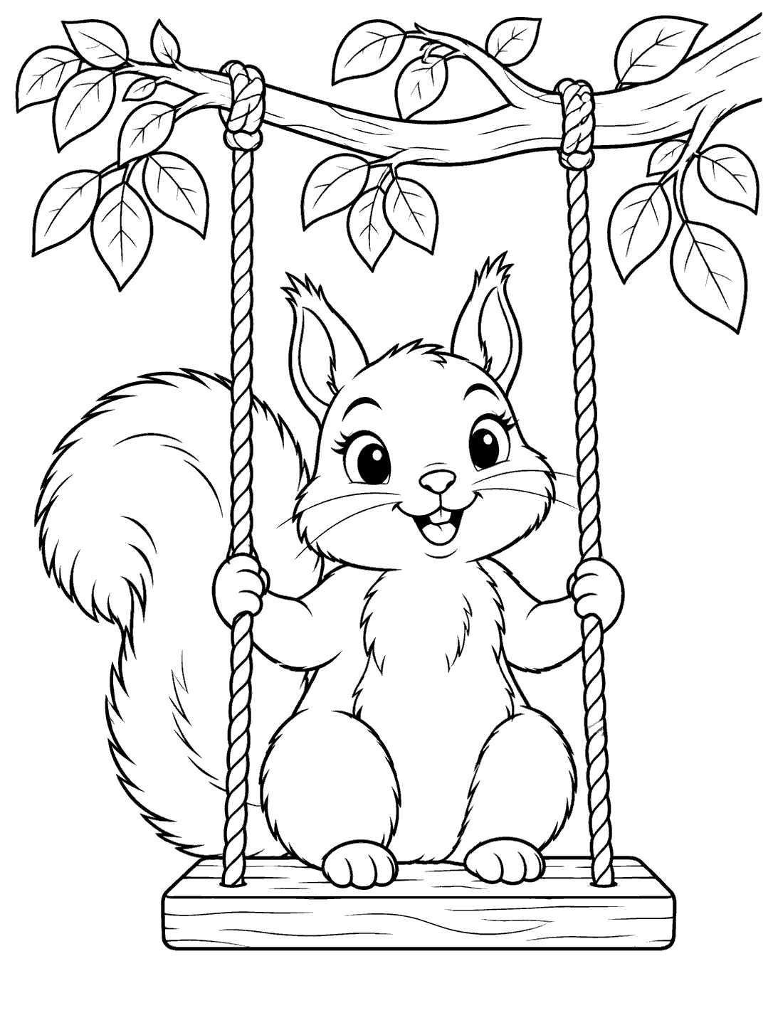 Black-and-white coloring page of a squirrel holding the ropes of a wooden swing beneath a leafy branch, with its tail beside it.