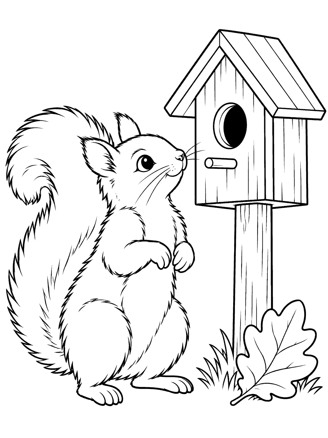 Squirrel beside a birdhouse coloring page