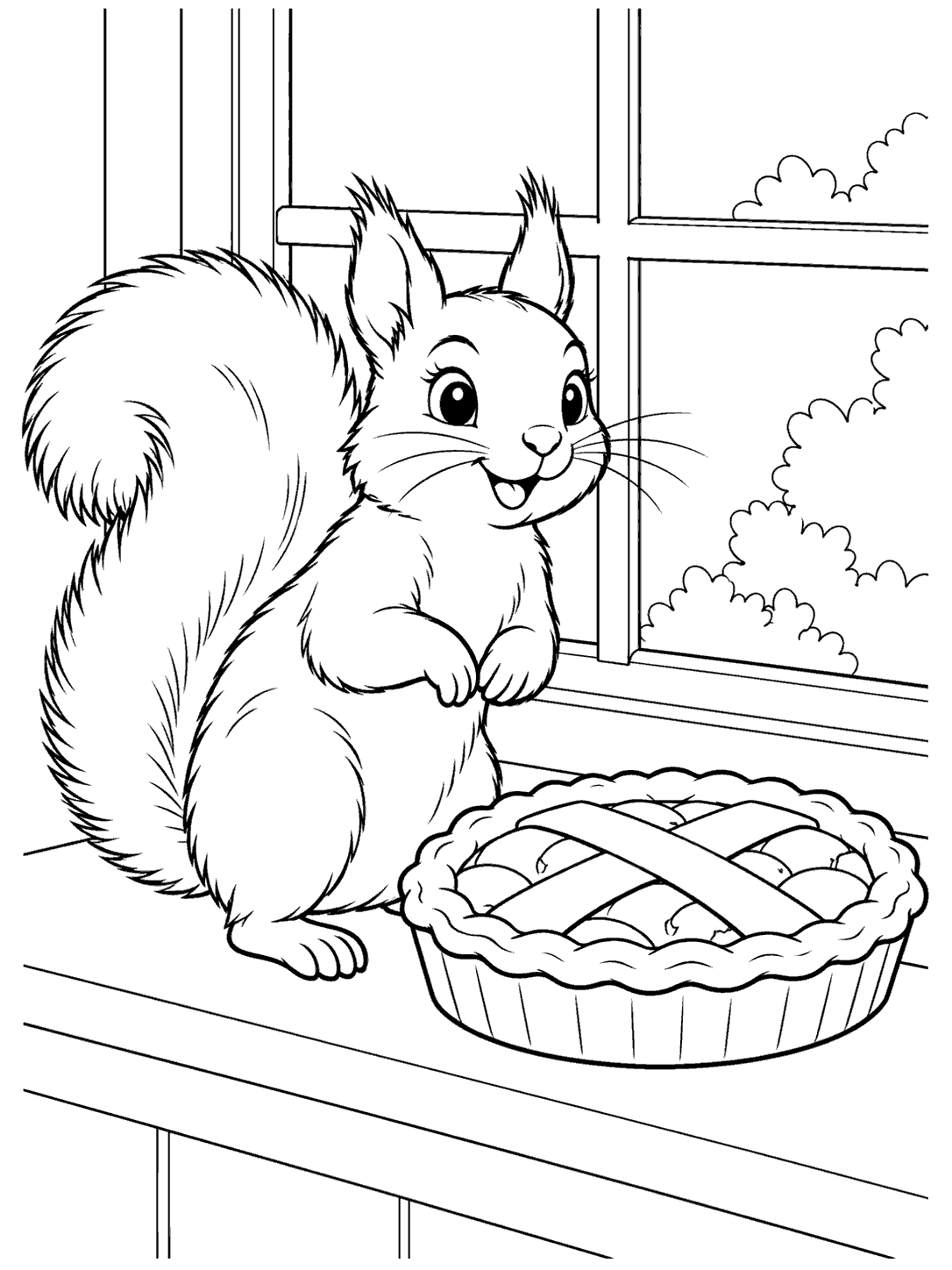 Squirrel beside a lattice-crust pie on a windowsill coloring page