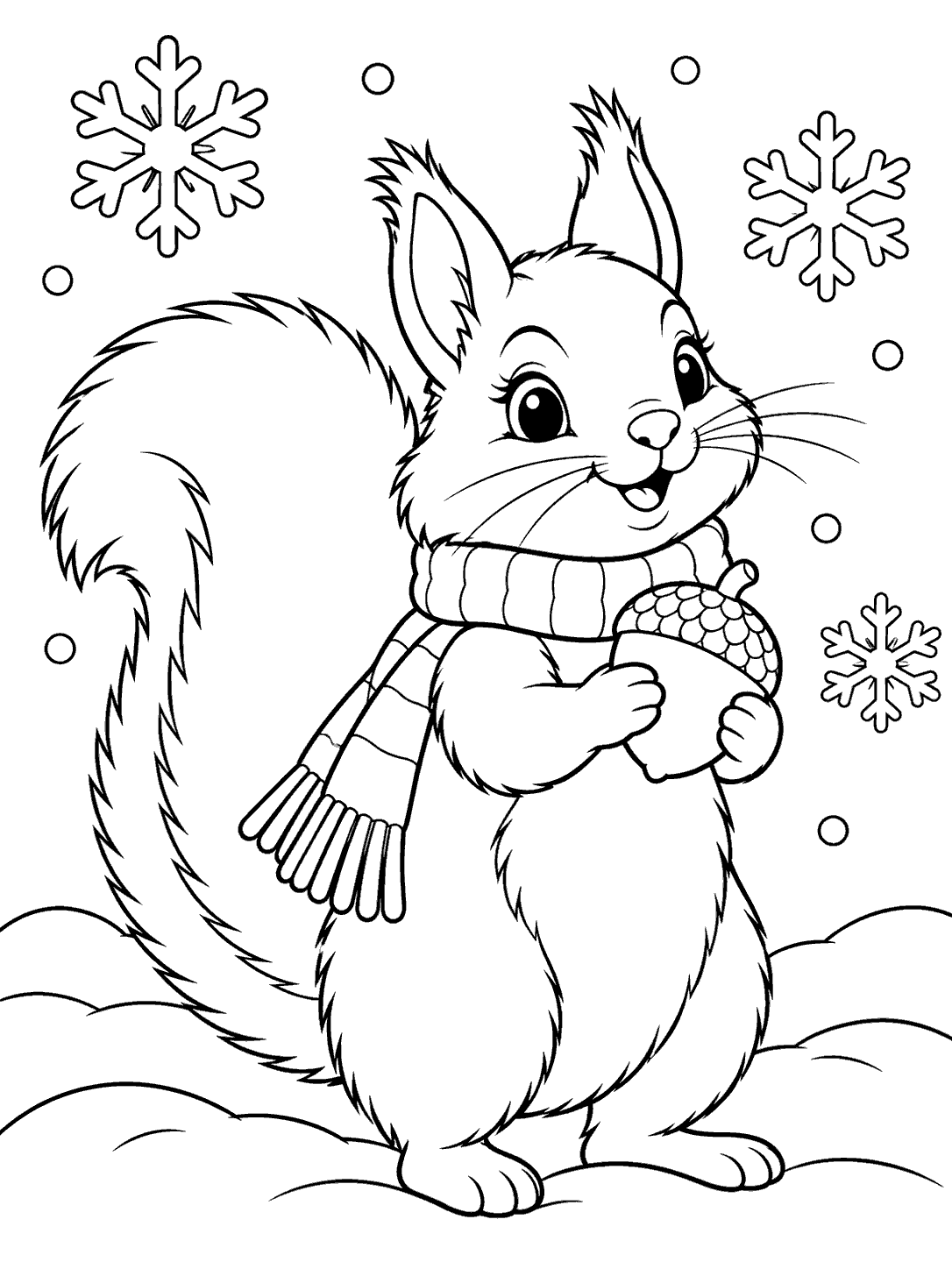 Black-and-white coloring page showing an upright squirrel in a scarf holding an acorn among snowflakes and snowbanks.