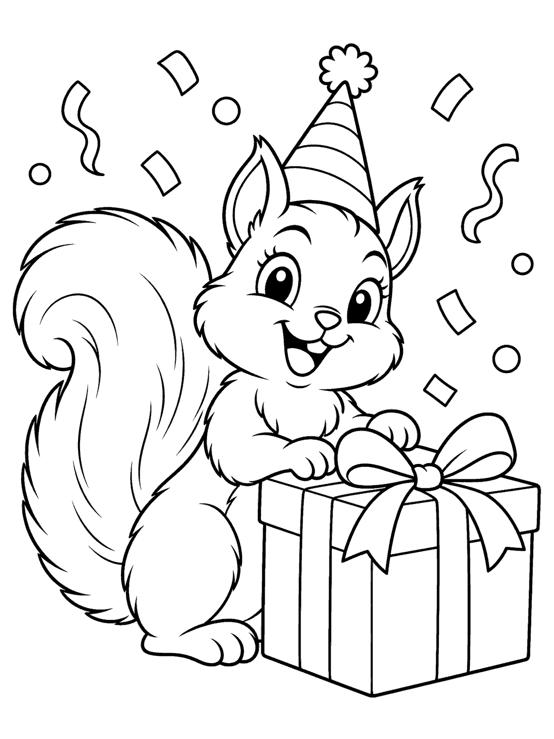 Smiling squirrel wearing a party hat beside a large wrapped gift with a bow, with confetti shapes on a coloring page