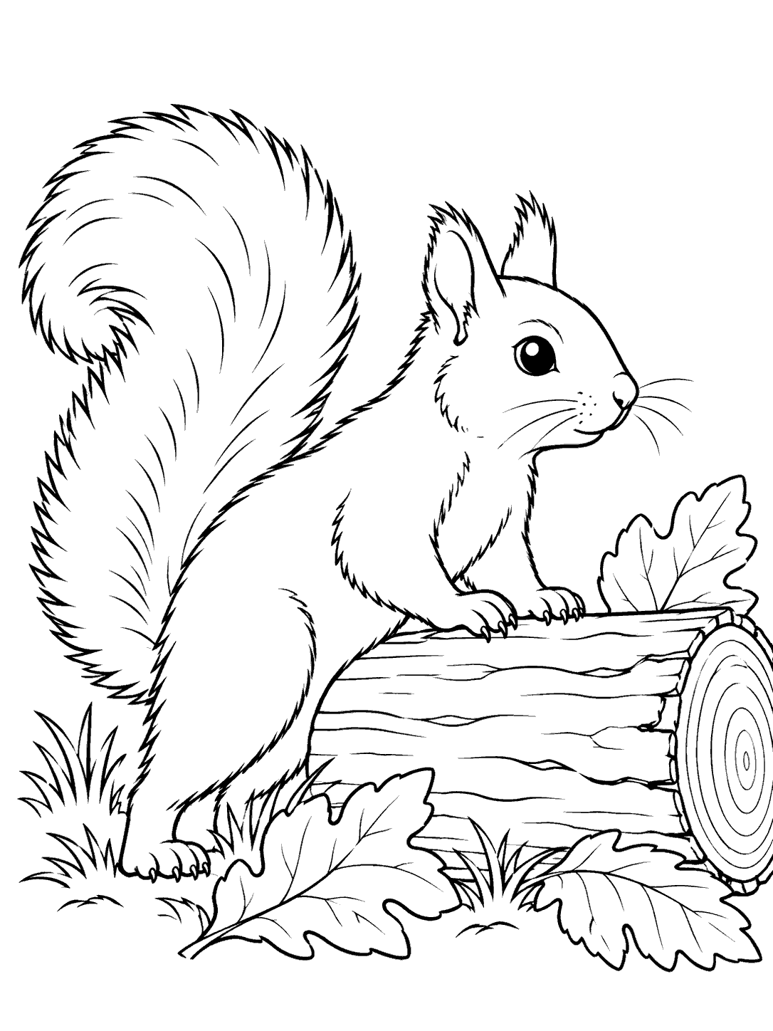 Profile squirrel standing with its front paws on a fallen log, surrounded by leaves, as a coloring page