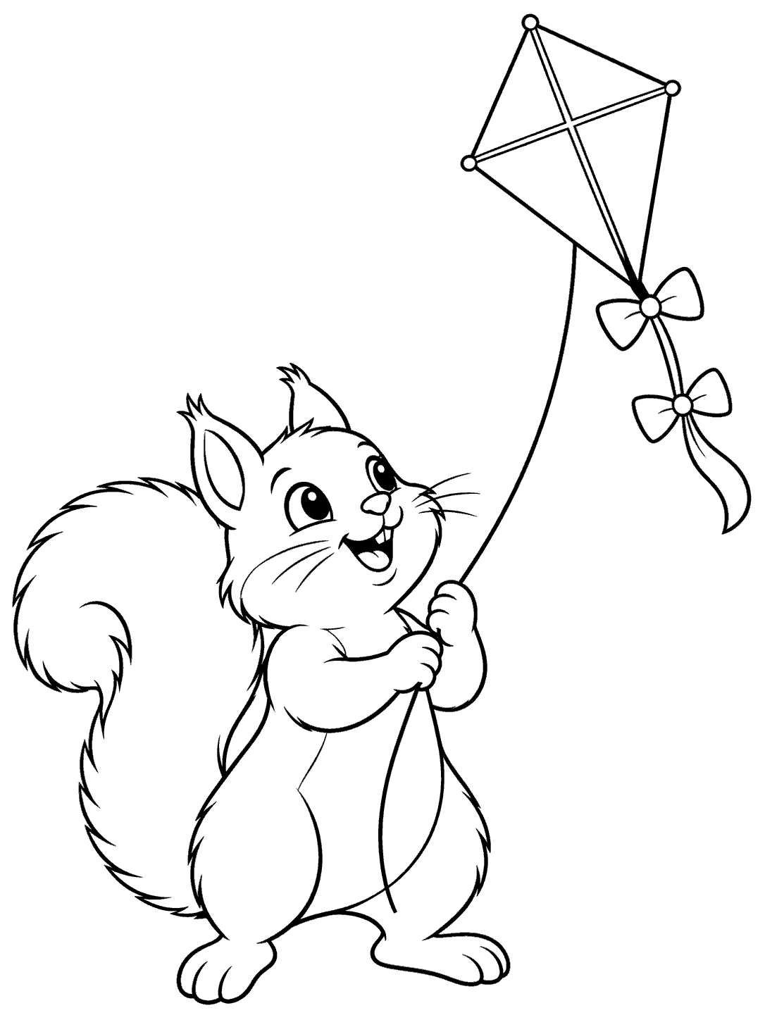 Standing squirrel holding a kite string beneath a diamond kite with two bows, in a black-and-white coloring page.