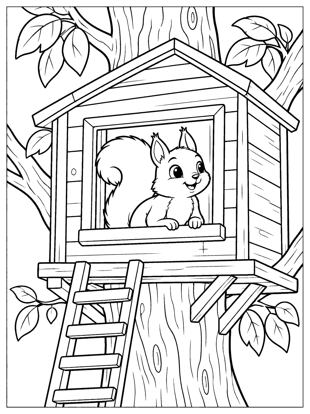 Black and white coloring page of a squirrel peeking from a treehouse window, with a ladder and broad leaves.