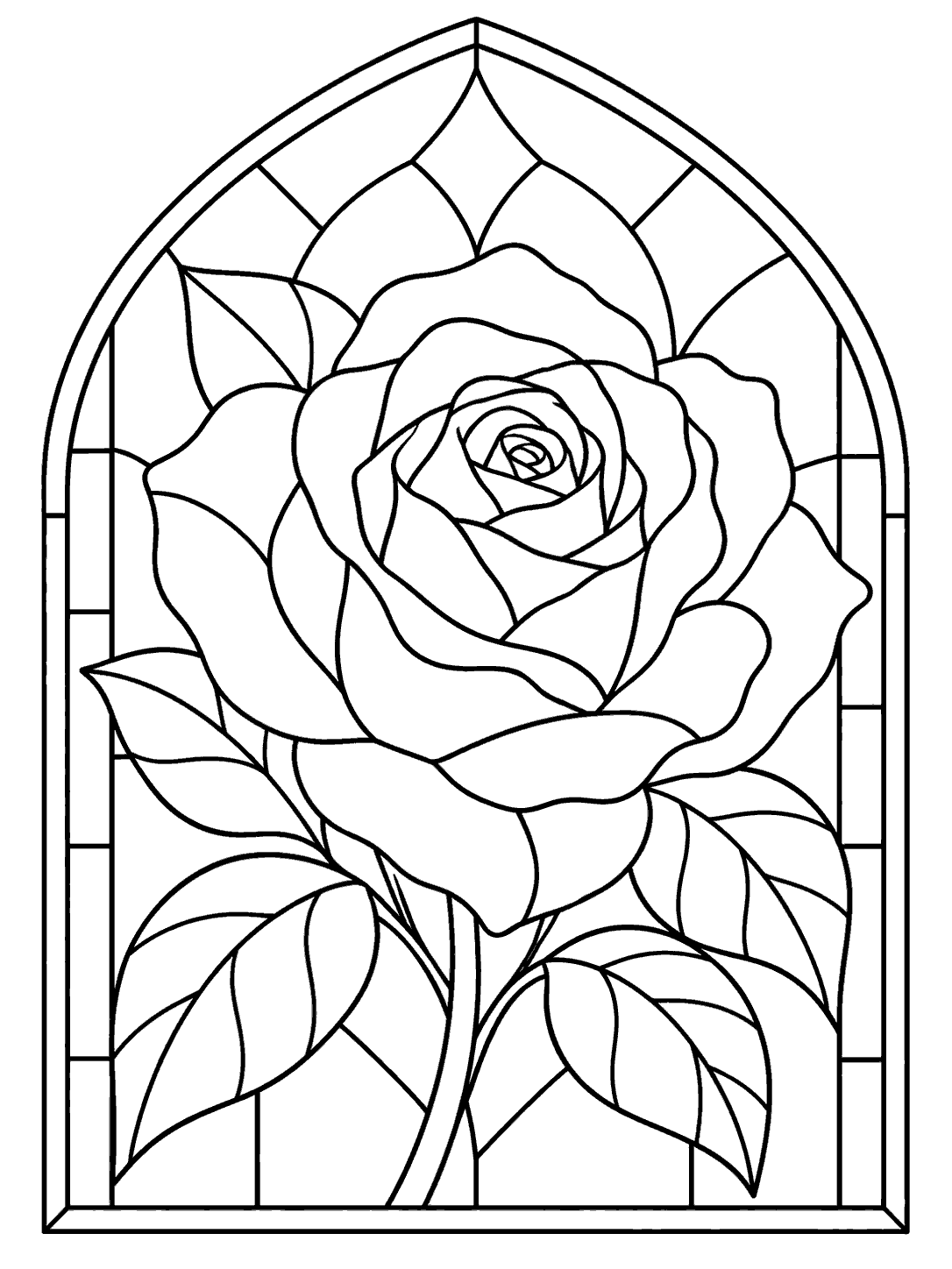 Black-and-white stained glass coloring page showing a large open rose bloom and broad leaves inside a pointed-arch window frame.