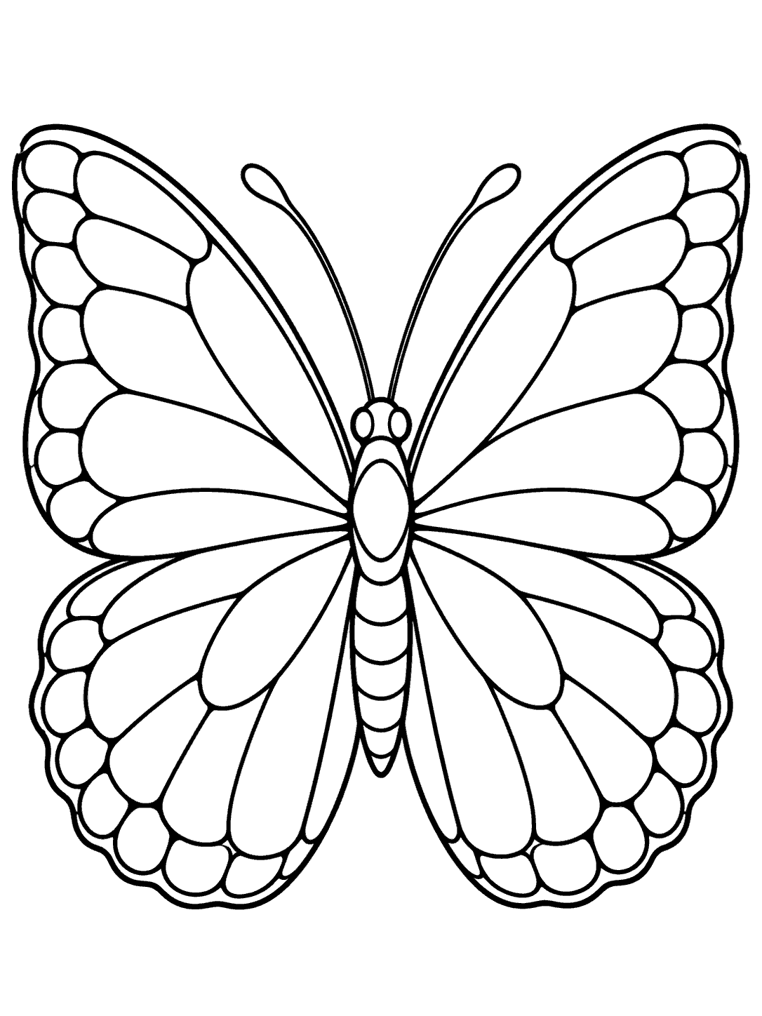 Printable stained glass butterfly coloring page with symmetrical pane-like wings and visible antennae.