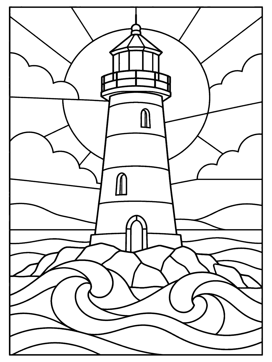 Black and white stained glass coloring page of a coastal lighthouse, rocky point, pane-shaped sky, and two curling waves.
