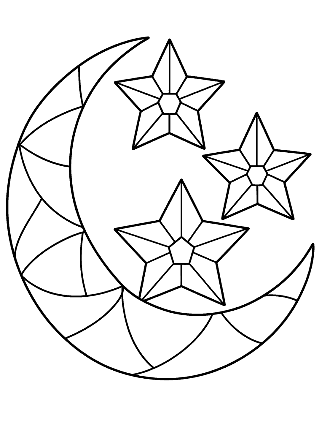 Black outline coloring page of a broad stained glass crescent moon with three pane-divided five-pointed stars on a white background.