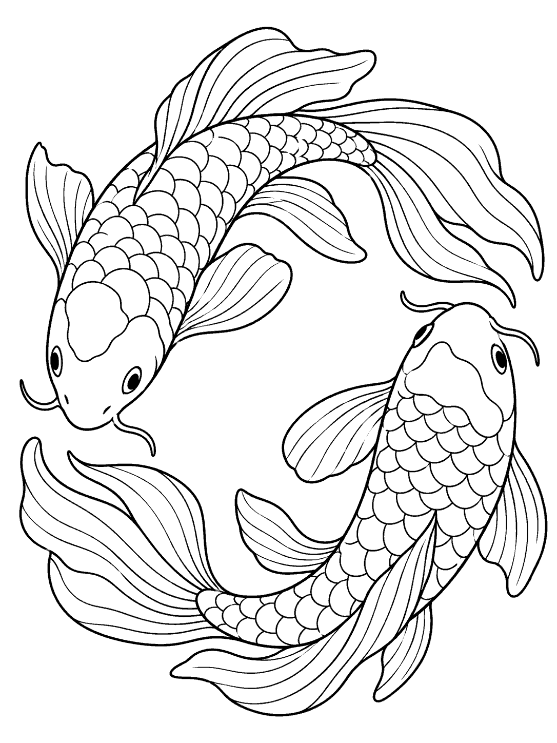 Black-and-white coloring page showing two koi swimming in a circle with flowing fins and scale patterns.