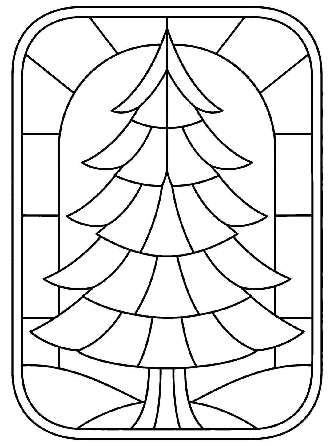Black-and-white stained glass coloring page with a single evergreen tree centered inside a rounded rectangular frame.