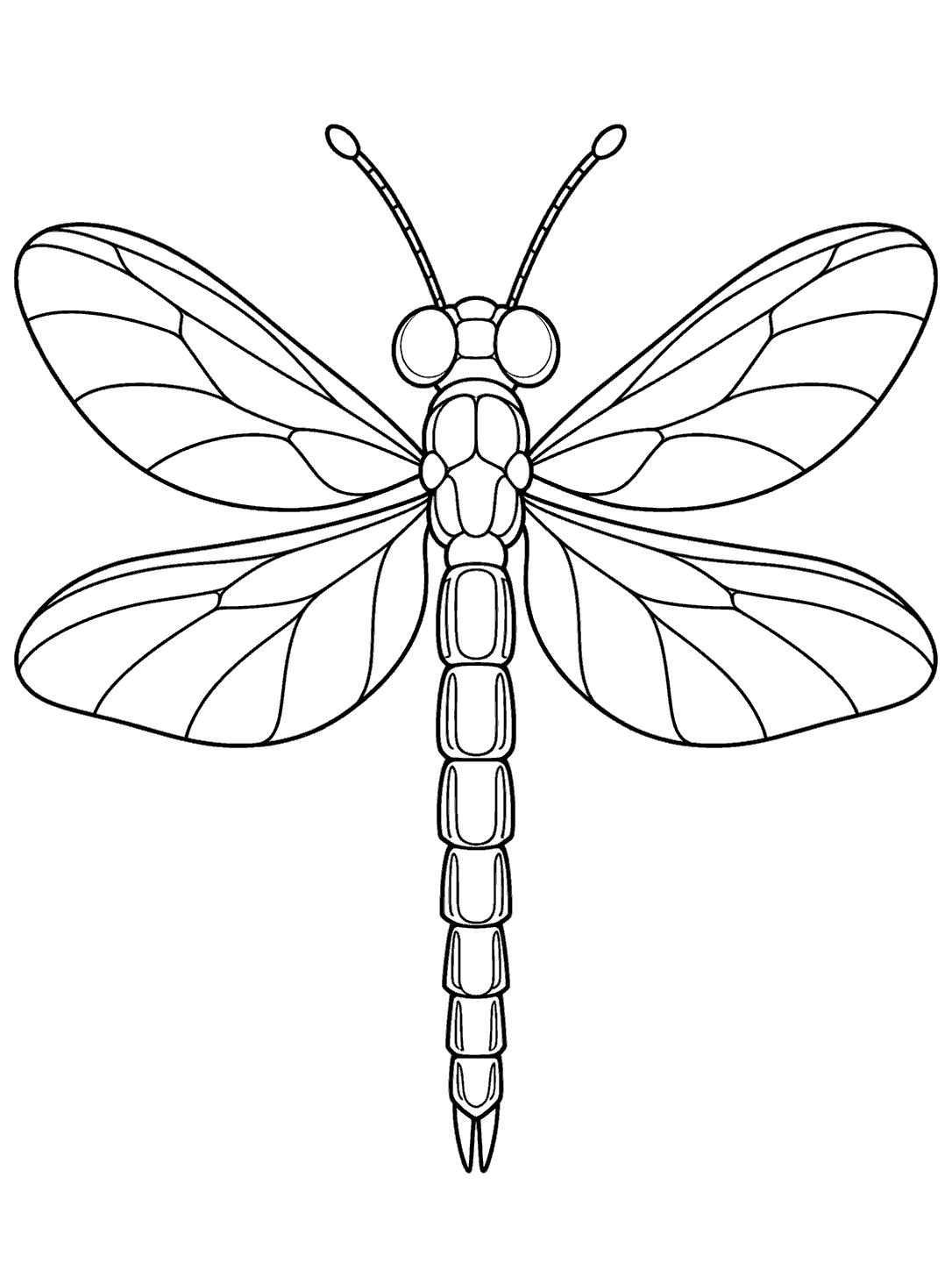 Black-and-white stained glass style dragonfly with four broad sectioned wings and two antennae, centered on a white coloring page.