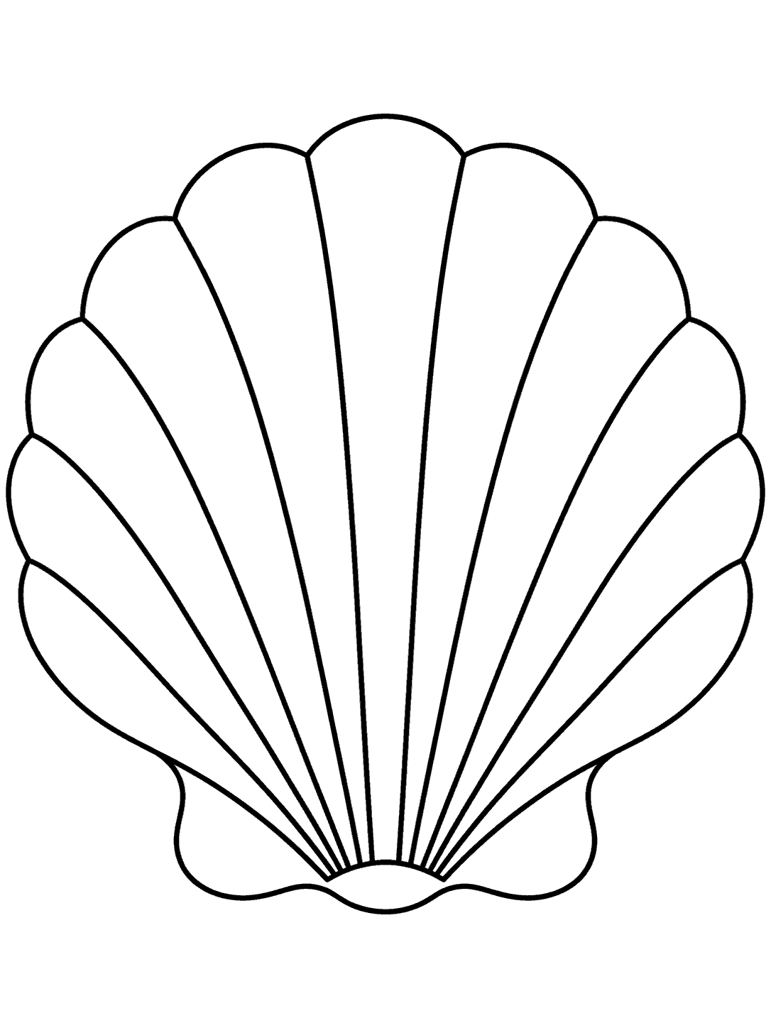 Printable stained glass seashell coloring page with a centered fan-shaped scallop shell.