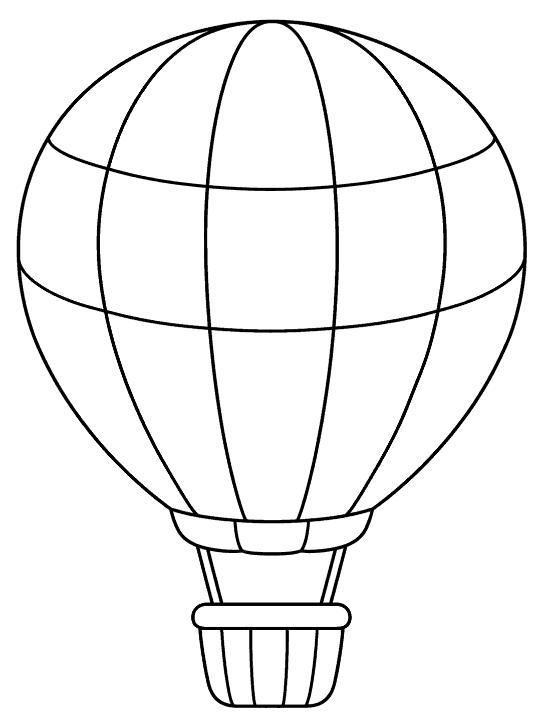 Printable black-outline stained glass coloring page showing a large paneled hot air balloon, two connecting ropes, and a small basket on white.