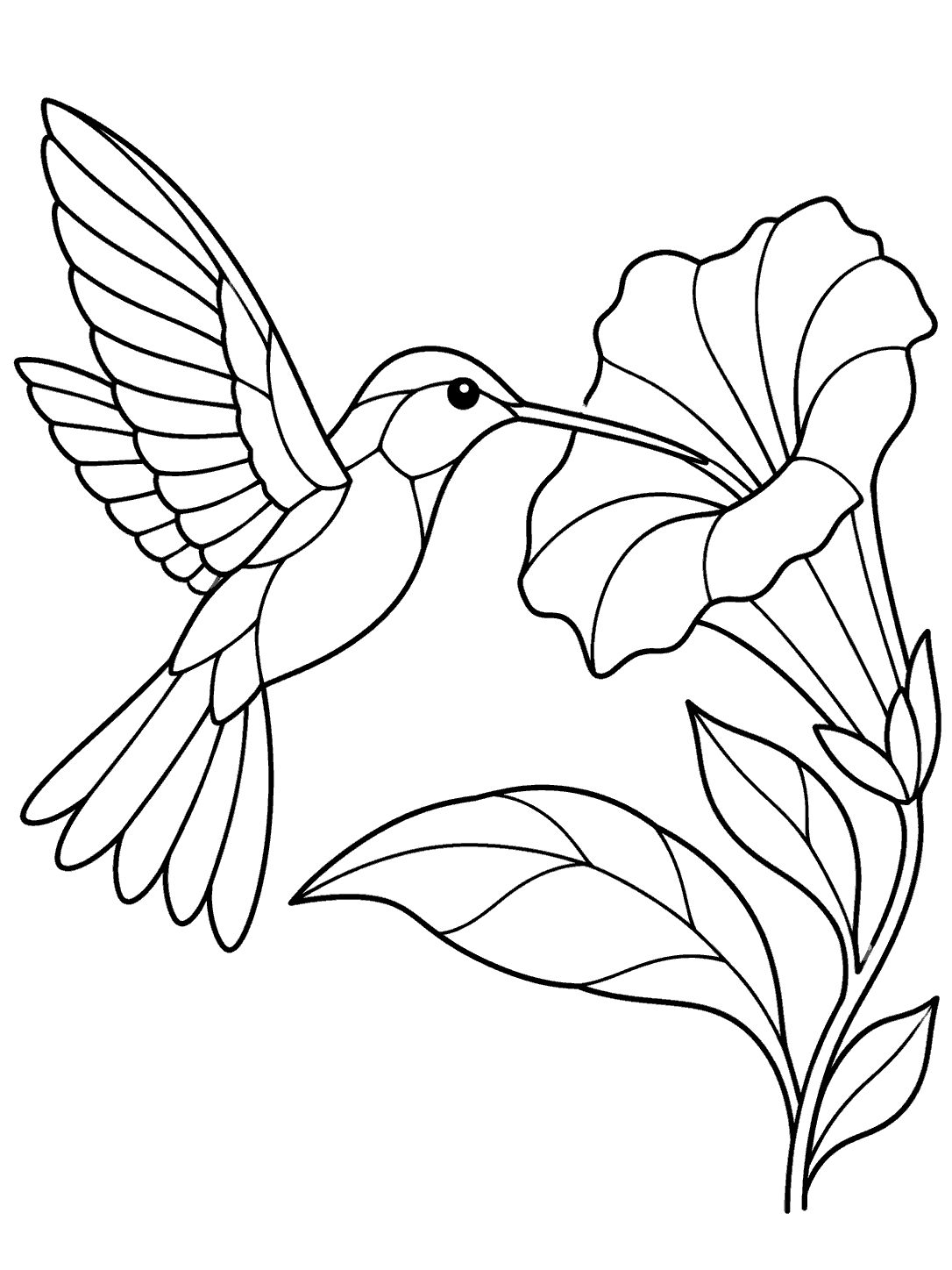 Black outline coloring page of a hovering hummingbird with raised paneled wings beside a large trumpet-shaped flower.