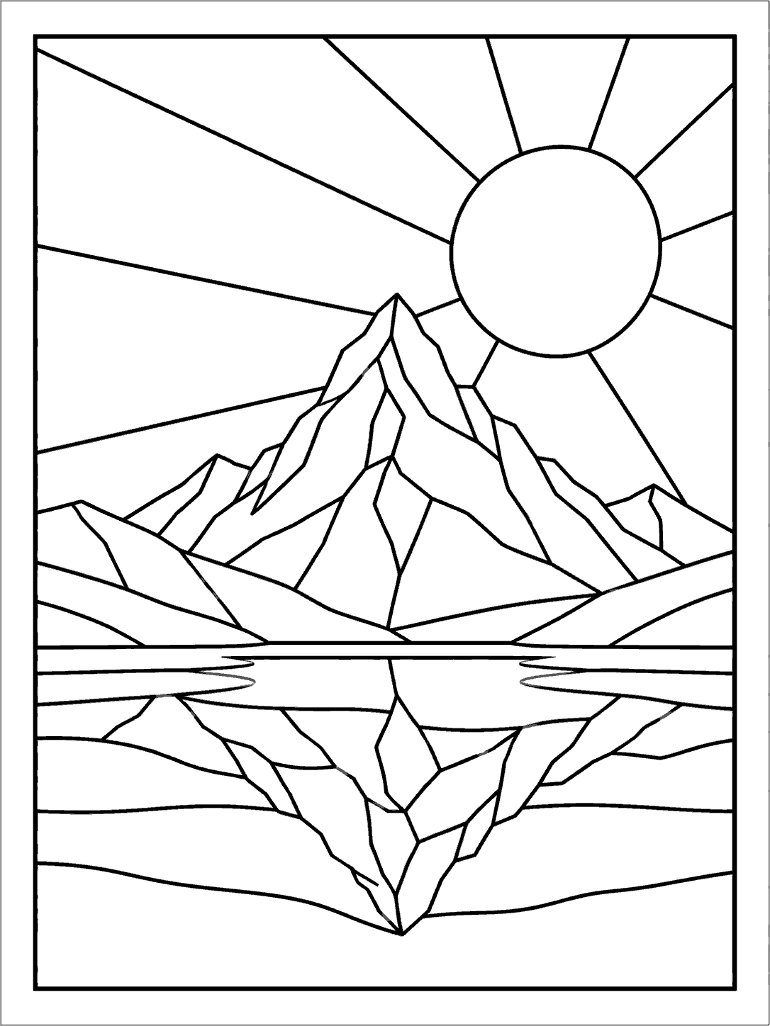 Printable stained glass mountain peak coloring page with angular panes, a large sun, and a lake reflection.