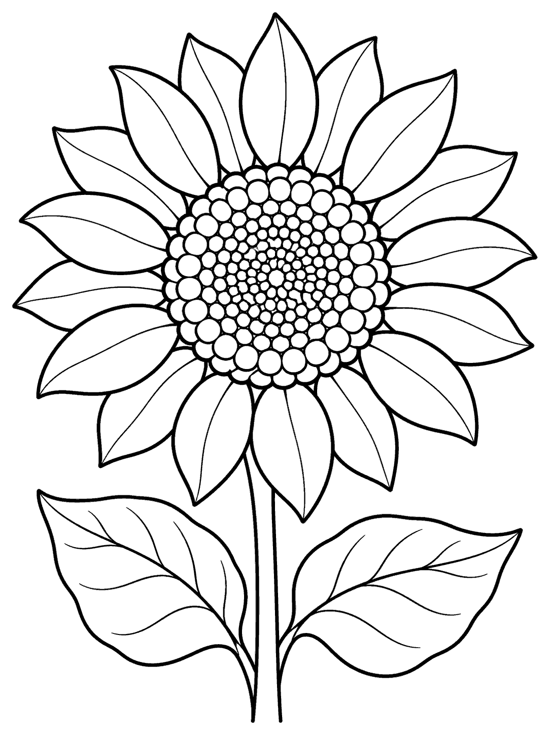 Printable black-and-white sunflower coloring page with a round central disk, spacious petals, and two broad leaves.