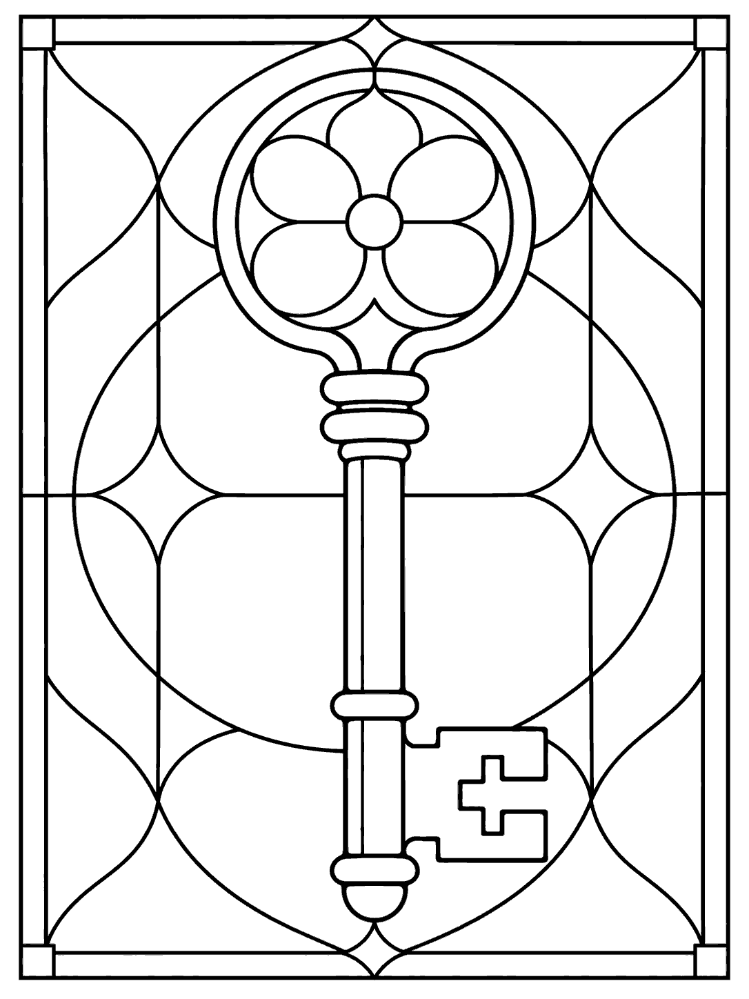 Black and white stained glass coloring page showing a vertically standing antique key with a round paneled bow and a geometric border.