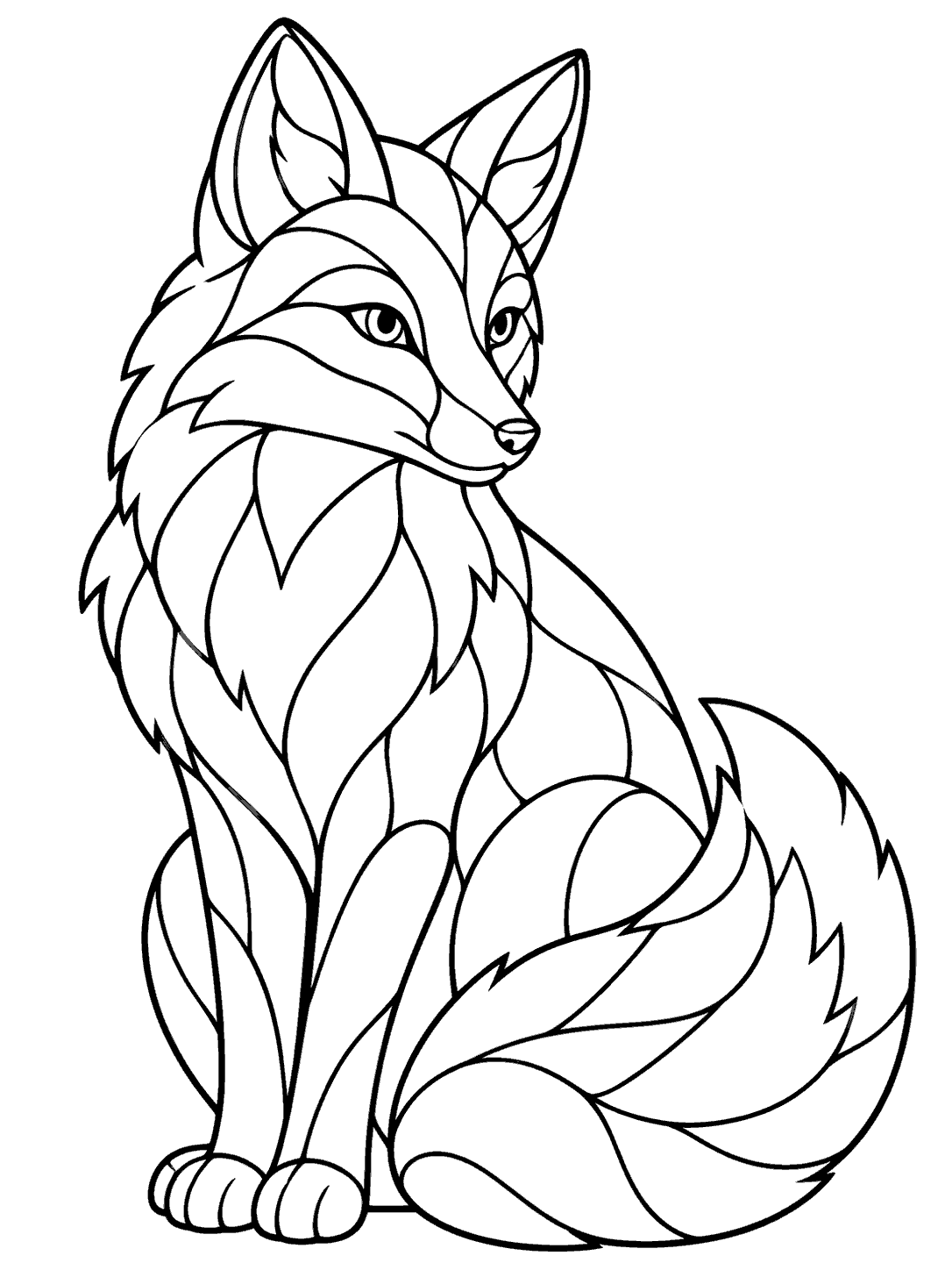 Printable stained glass coloring page showing a seated fox with a curled bushy tail.