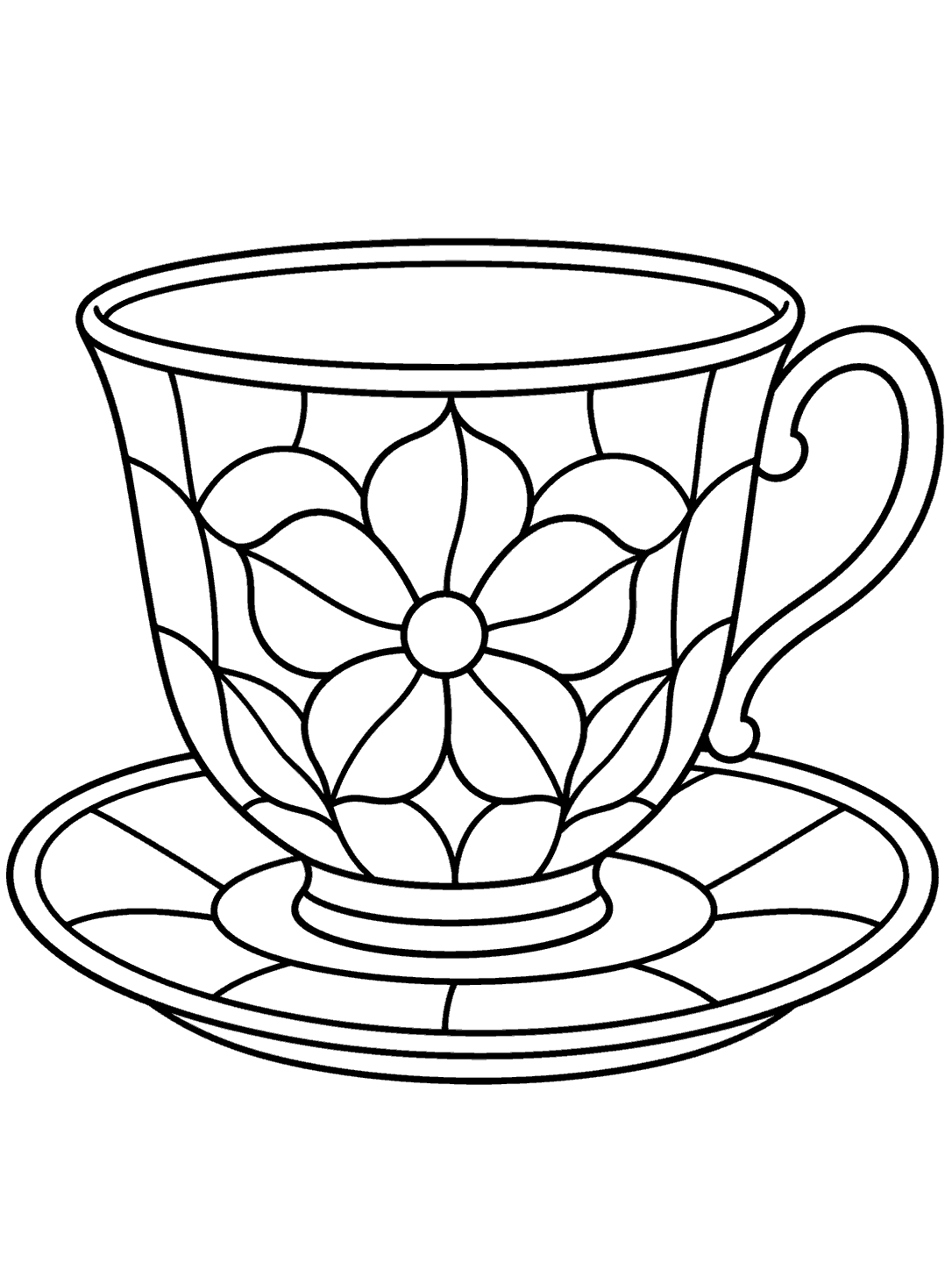 Printable stained glass coloring page featuring a floral teacup with a visible handle and matching saucer.