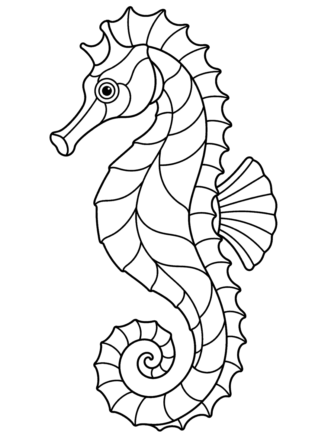 Printable stained glass seahorse coloring page with broad decorative panes