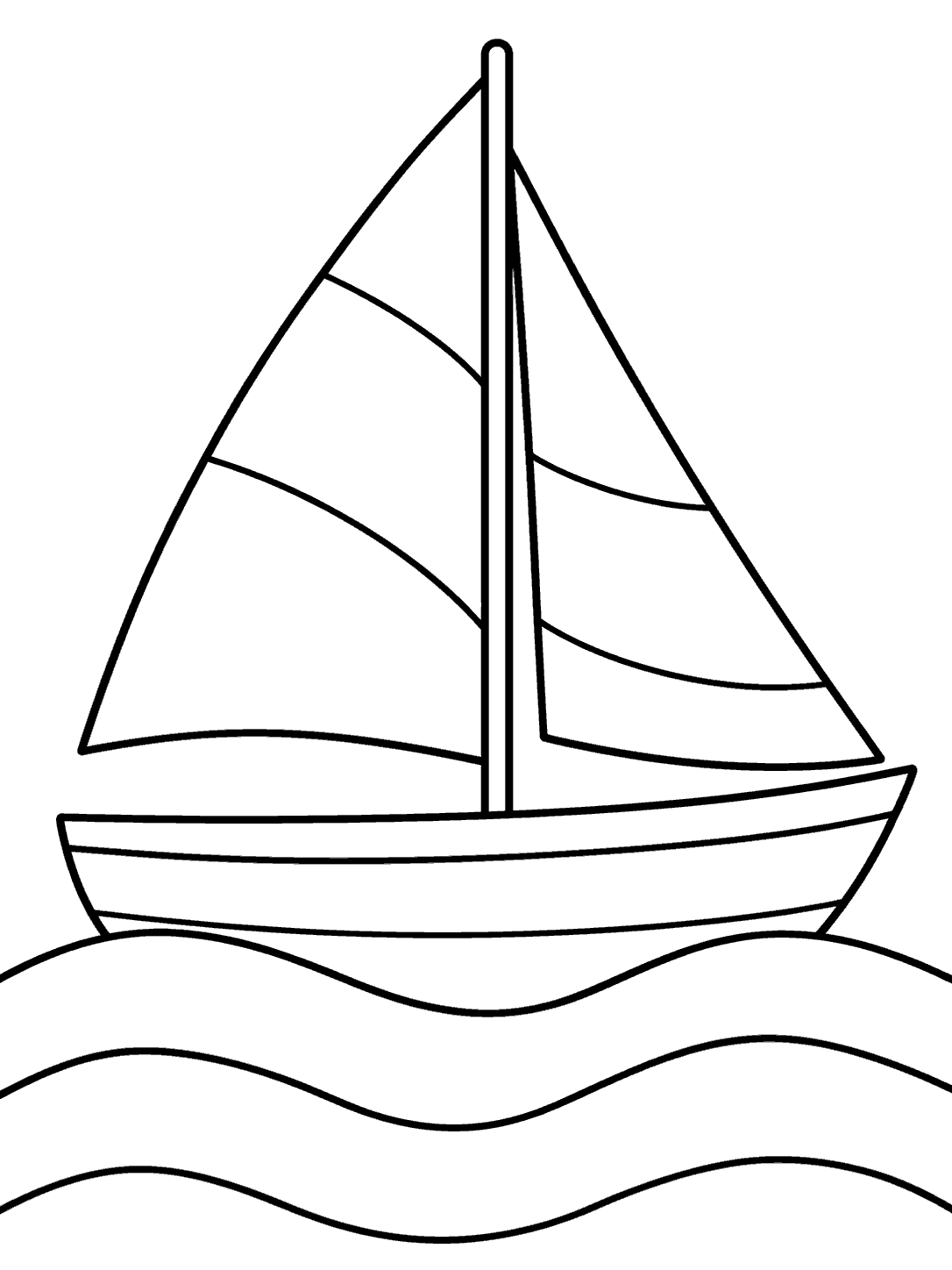 Printable stained glass sailboat coloring page with two pane-divided triangular sails and three waves.