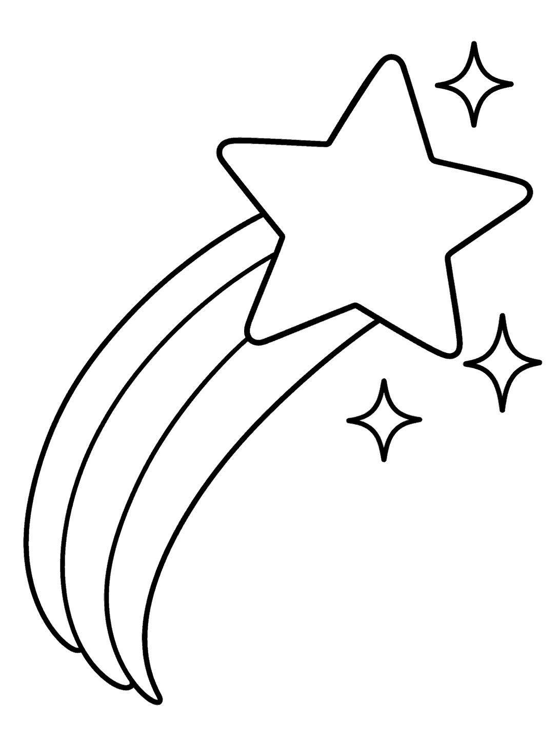 Large five-point shooting star with a curved trail and three sparkles coloring page